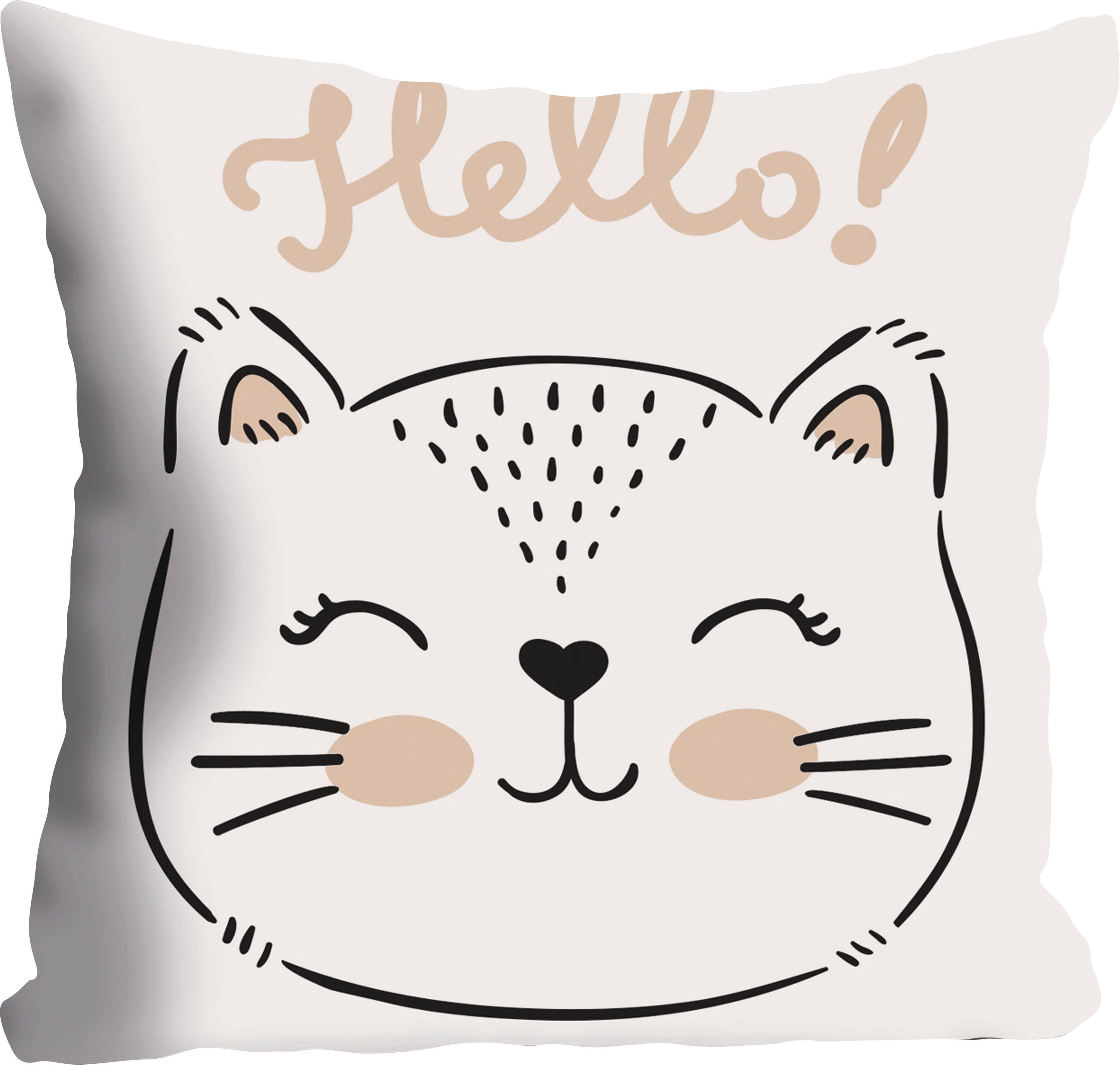 QUEENCE Dekokissen Hülle Hello Katze Bunt Polyester 40x40cm