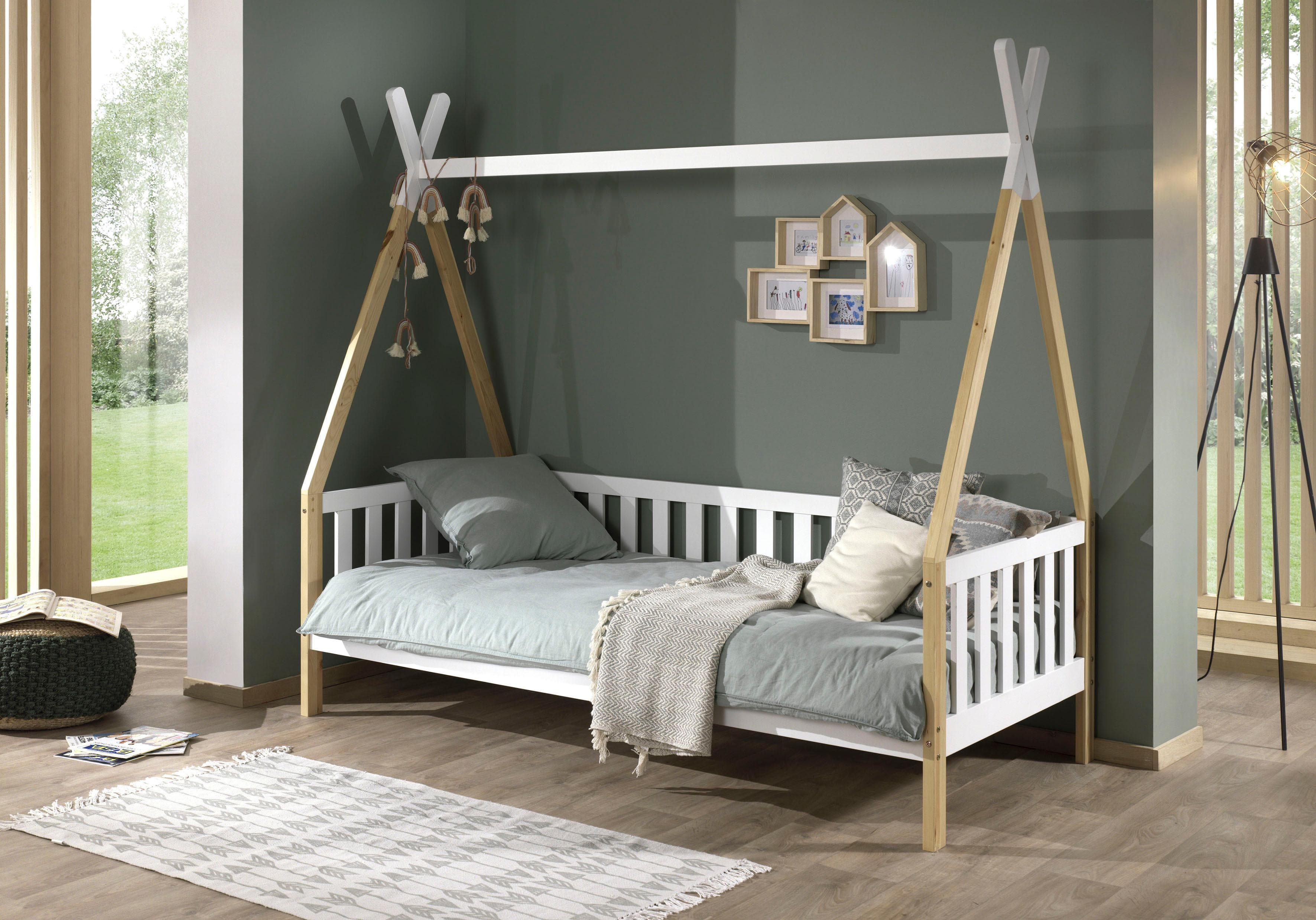 VIPACK Tipi Kinderbett Kiefer massiv weiß natur mit Lattenrost
