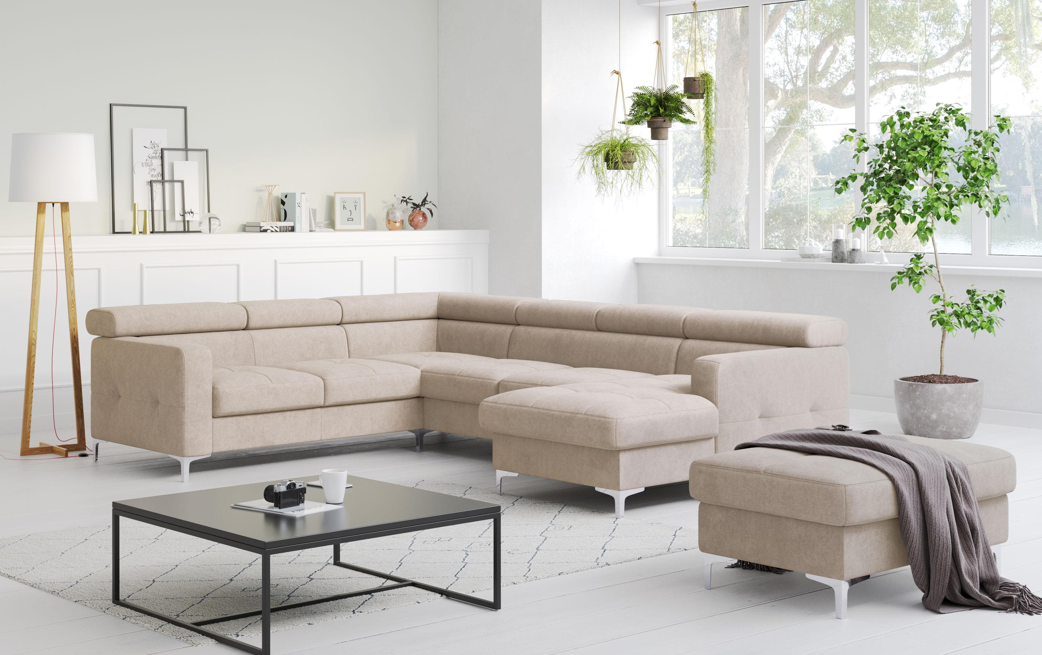 COTTA Wohnlandschaft Sammy U-Form Grau NaturLEDER mit Bettfunktion