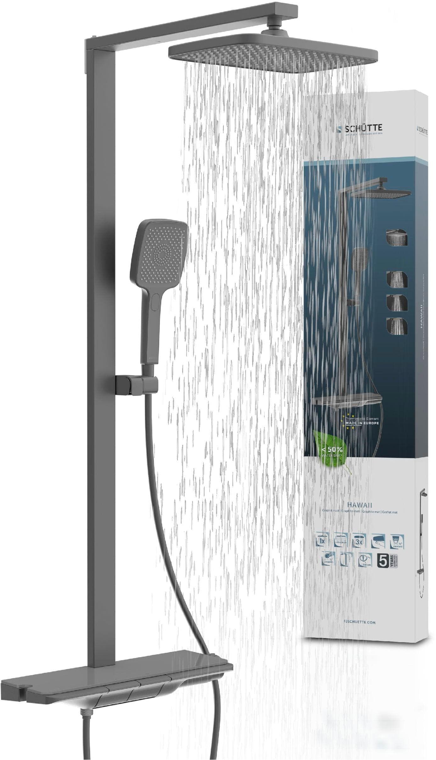 SCHÜTTE Duschsystem HAWAII Überkopfbrause-Set Graphit Matt mit Thermostat
