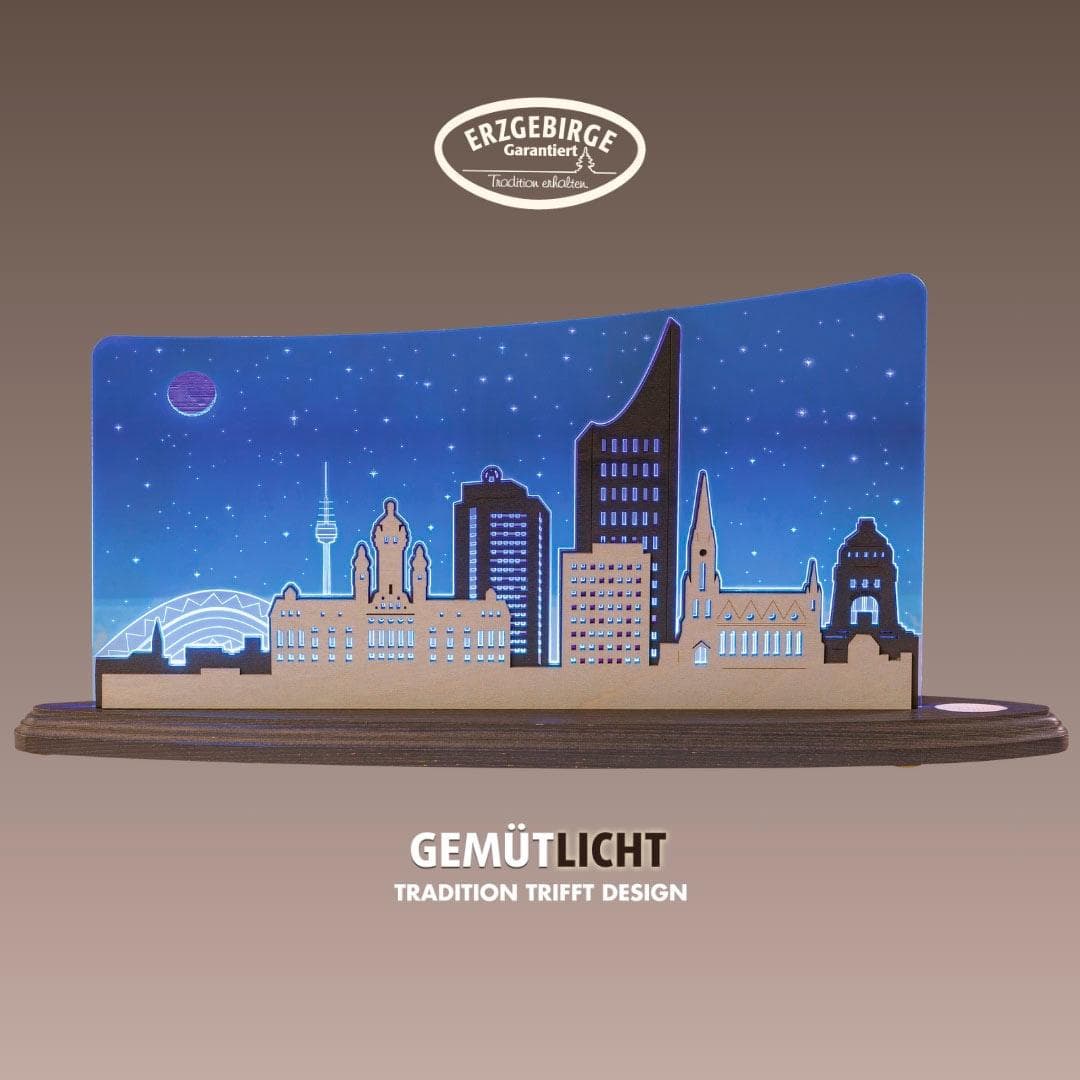 WEIGLA LED Dekolicht Leipzig Panorama Holz Acryl Blau Grau Weiss