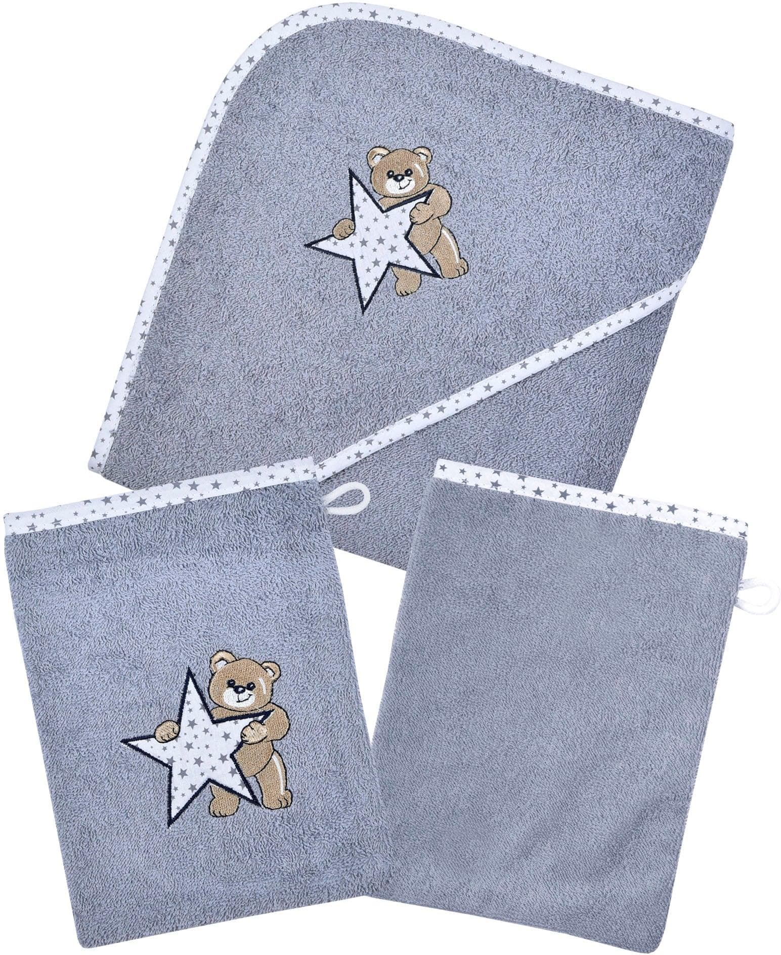 Wörner Handtuch Set Grau mit Stern-Motiv und Teddystickerei