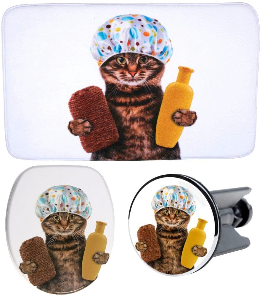 SANILO Badaccessoire-Set Shower Cat WC-Sitz Badteppich Stöpsel Braun-Weiß