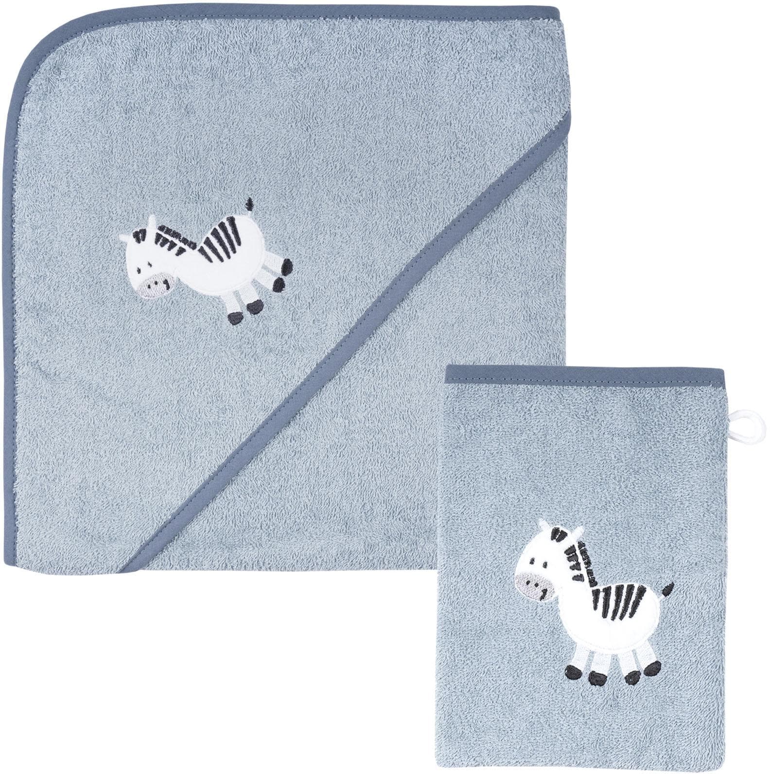 Wörner Handtuch Set Zebra Blau mit Kapuze und Handschuh