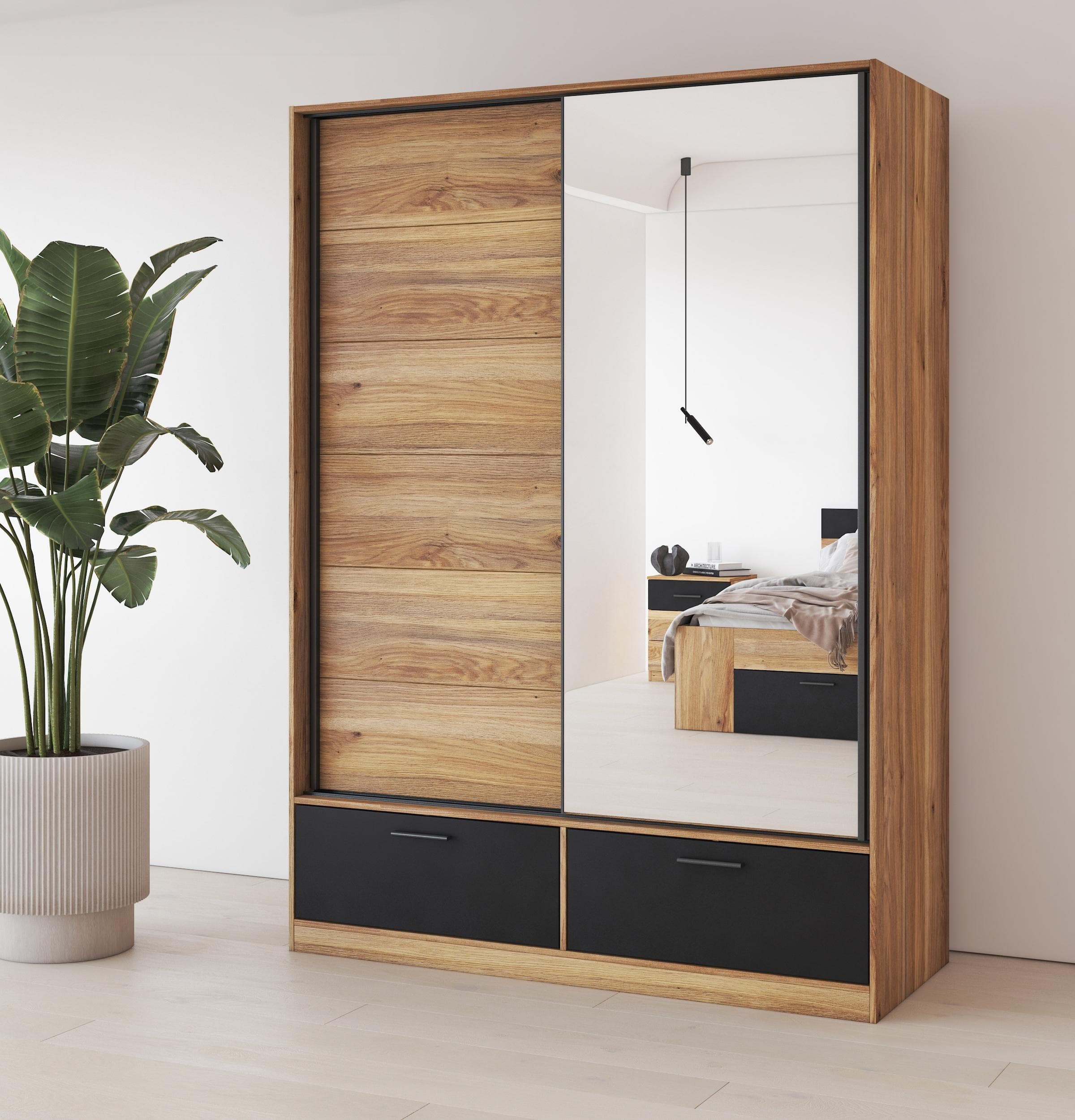 HOME AFFAIRE Schwebetürenschrank Faweza Beige/Schwarz mit Spiegeltür