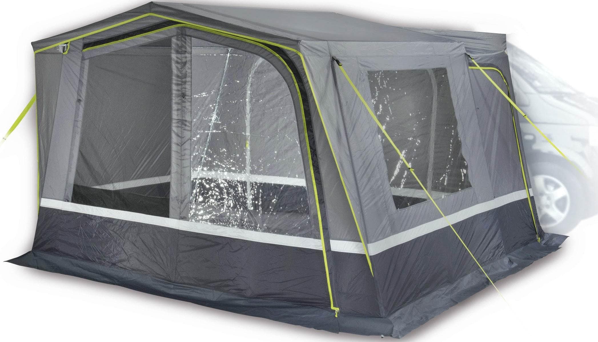 Buszelt aus Stahlrohr, Aluminium und PVC