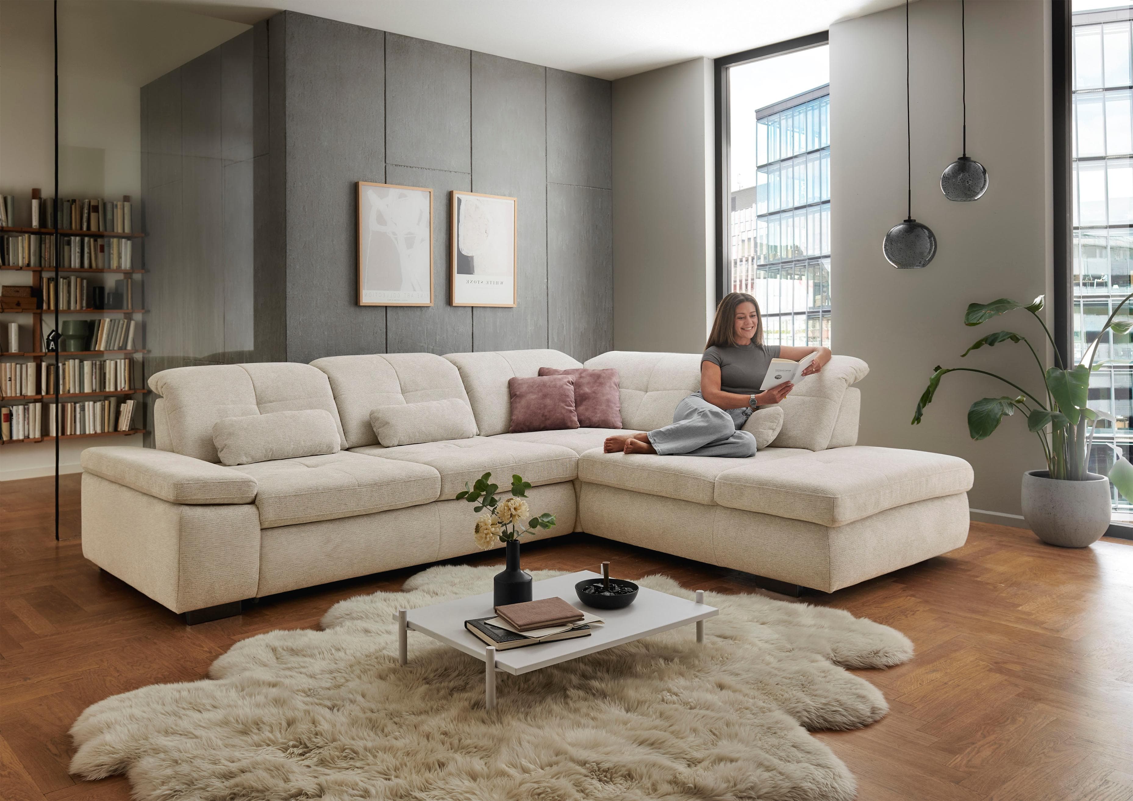 Ecksofa DIE PLANBAR L-Form Beige Kaltschaum mit Sitztiefenverstellung
