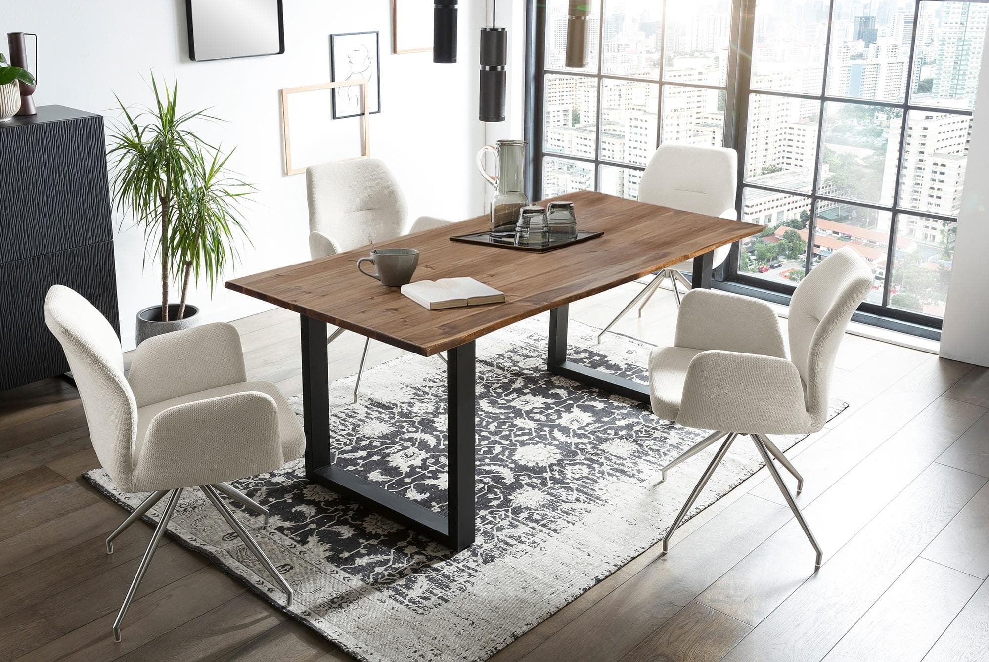 Salesfever Essgruppe Stilvolle Sitzgruppe Nussbaum Creme