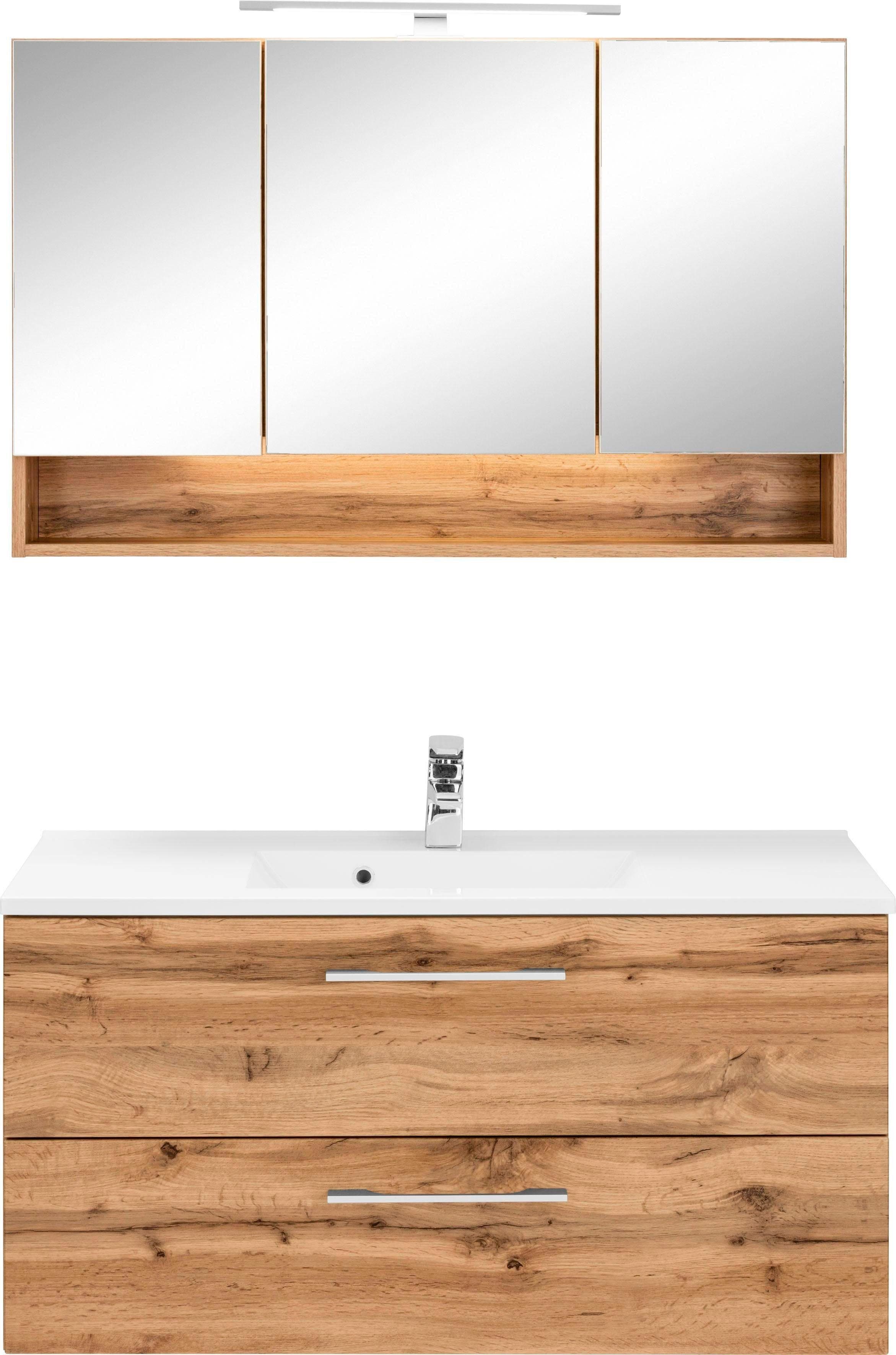 WELLTIME Badmöbel-Set Soria Braun 100cm mit Spiegelschrank