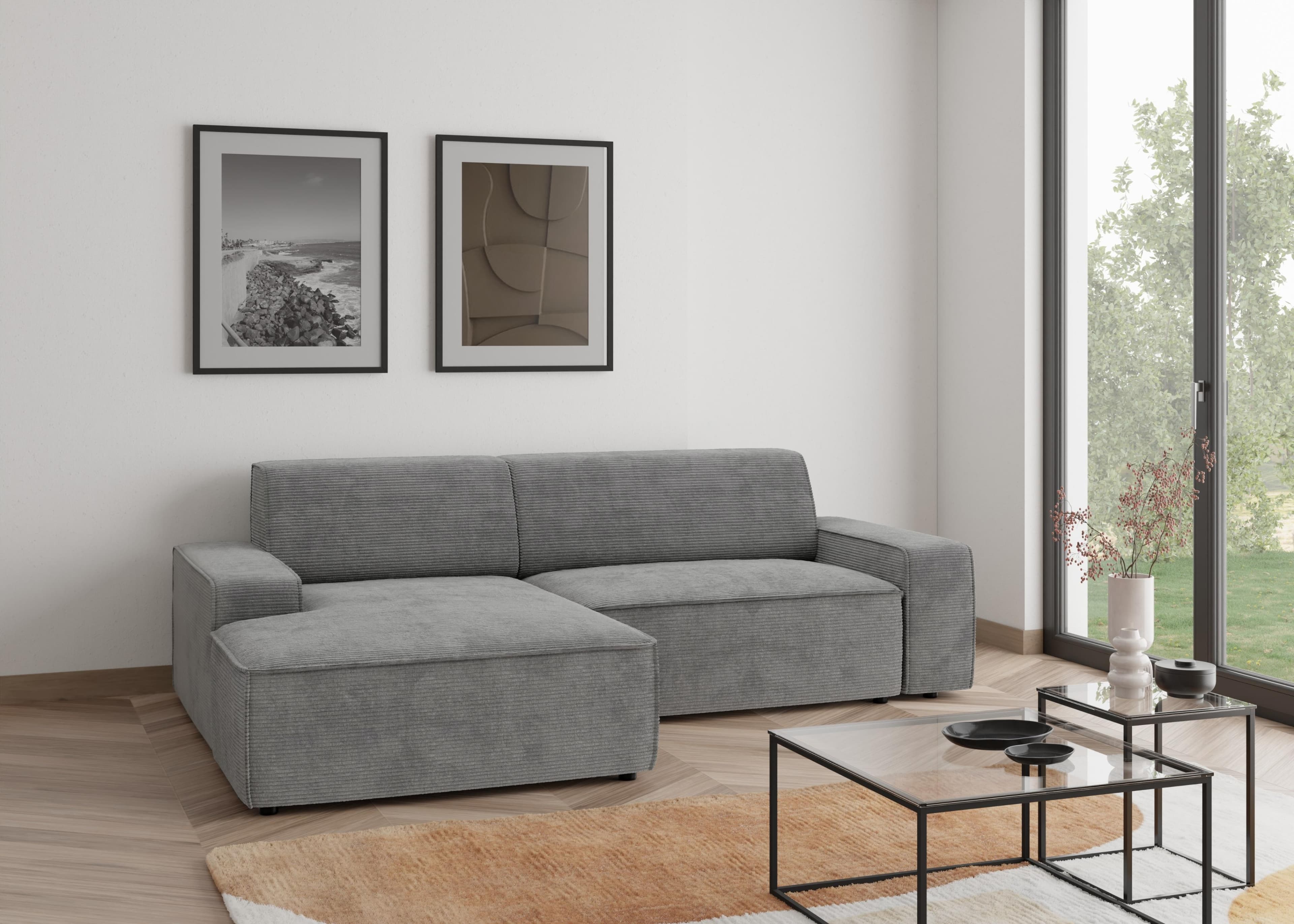 Trendmanufaktur Ecksofa Graz L-Form Grau Cordstoff mit Bettkasten