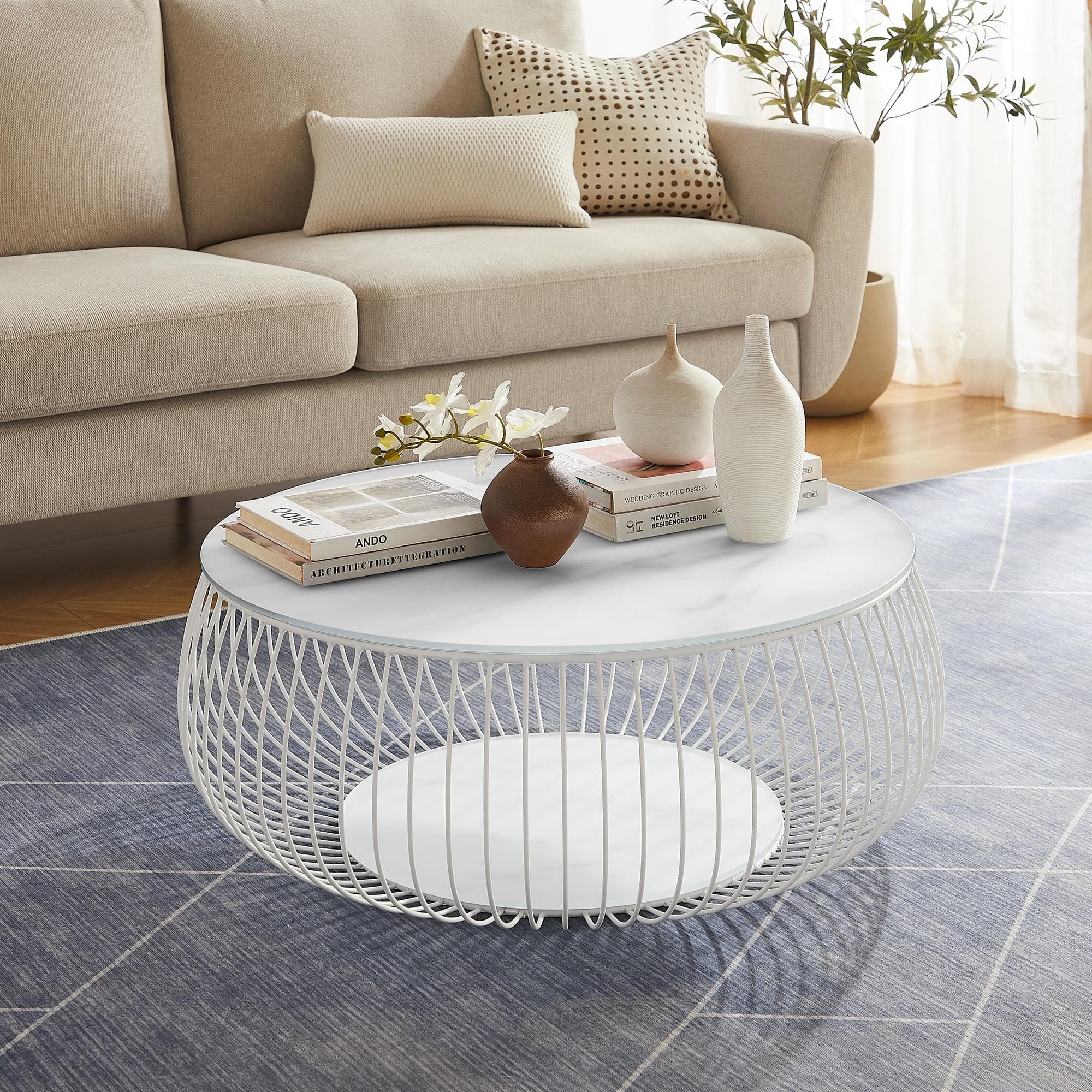 Salesfever Couchtisch Weiß Glas Marmordruck Modern