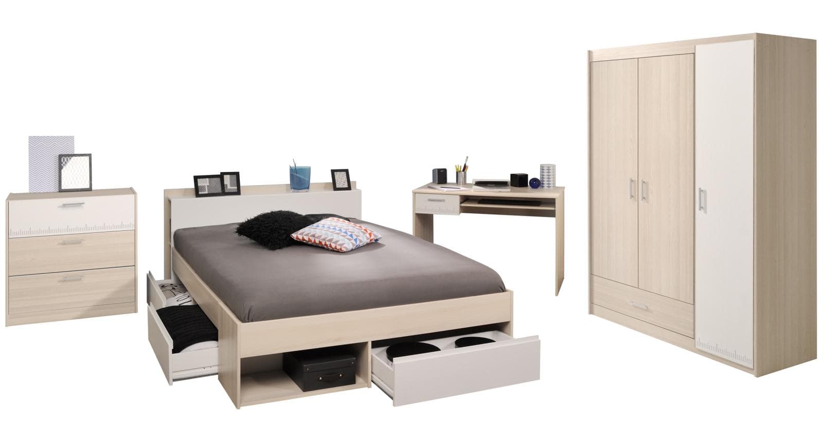 Jugendzimmer Set mit Bett, Schubladen & Kleiderschrank