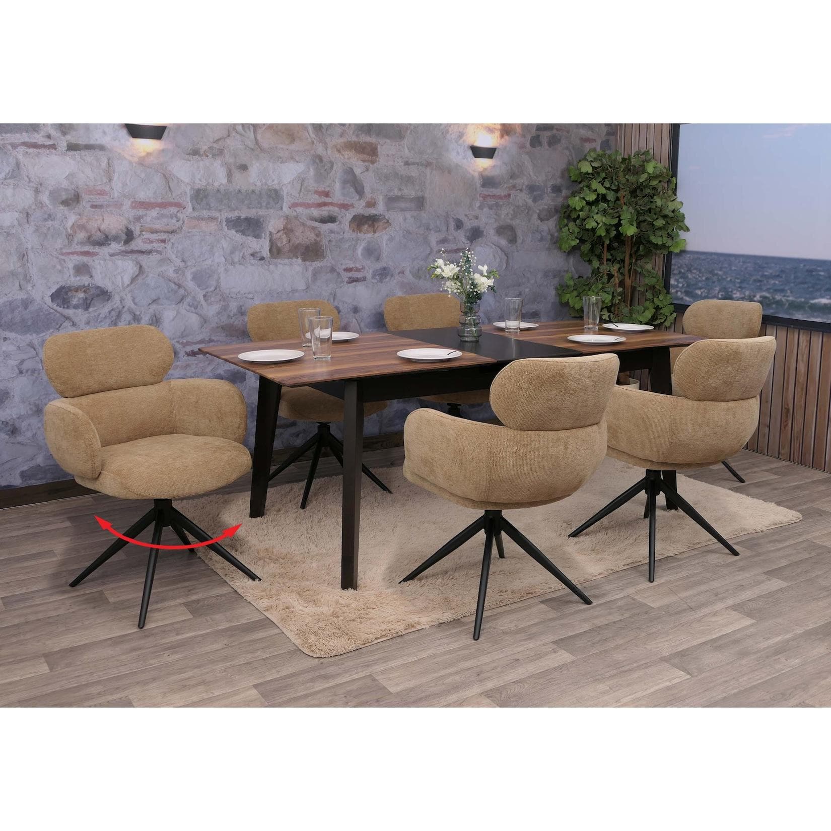 6er-Set Esszimmerstuhl MCW-O77, Küchenstuhl, drehbar, Auto-Return, Stoff Chenille Öko-Tex hellbraun