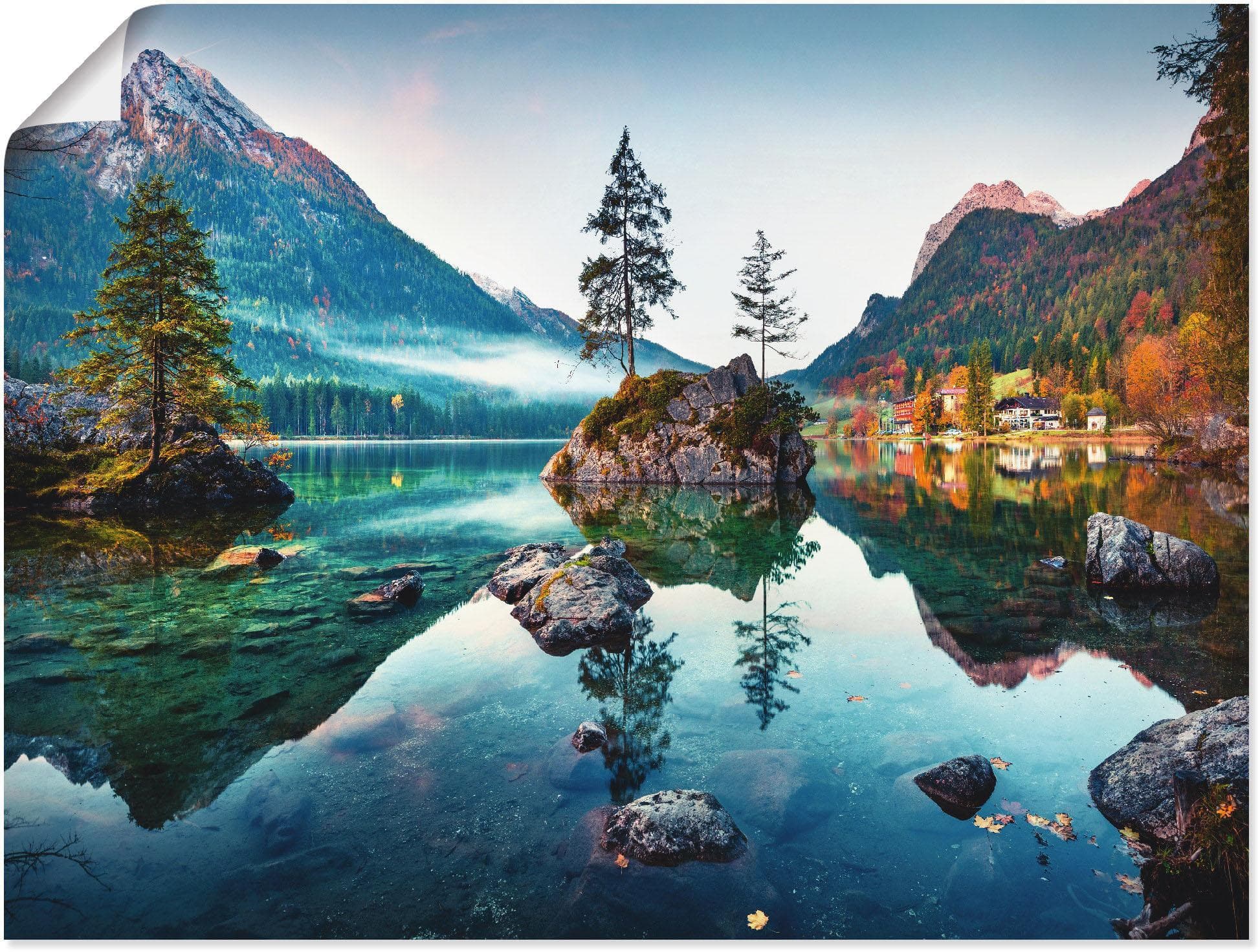 ARTLAND Wandbild Herbstszene Hintersee Blau 120x90 cm