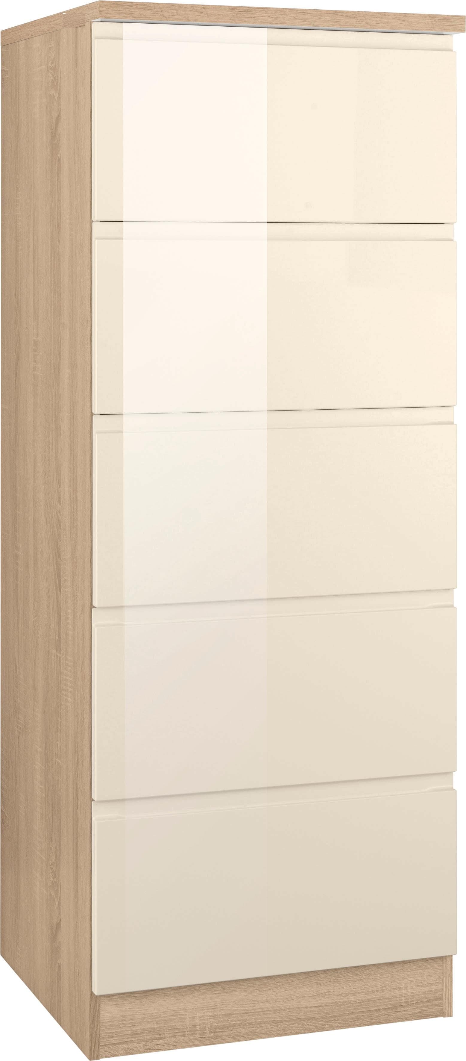 Vorratsschrank KOCHSTATION KS-Virginia Creme Hochglanz 5 Schubladen