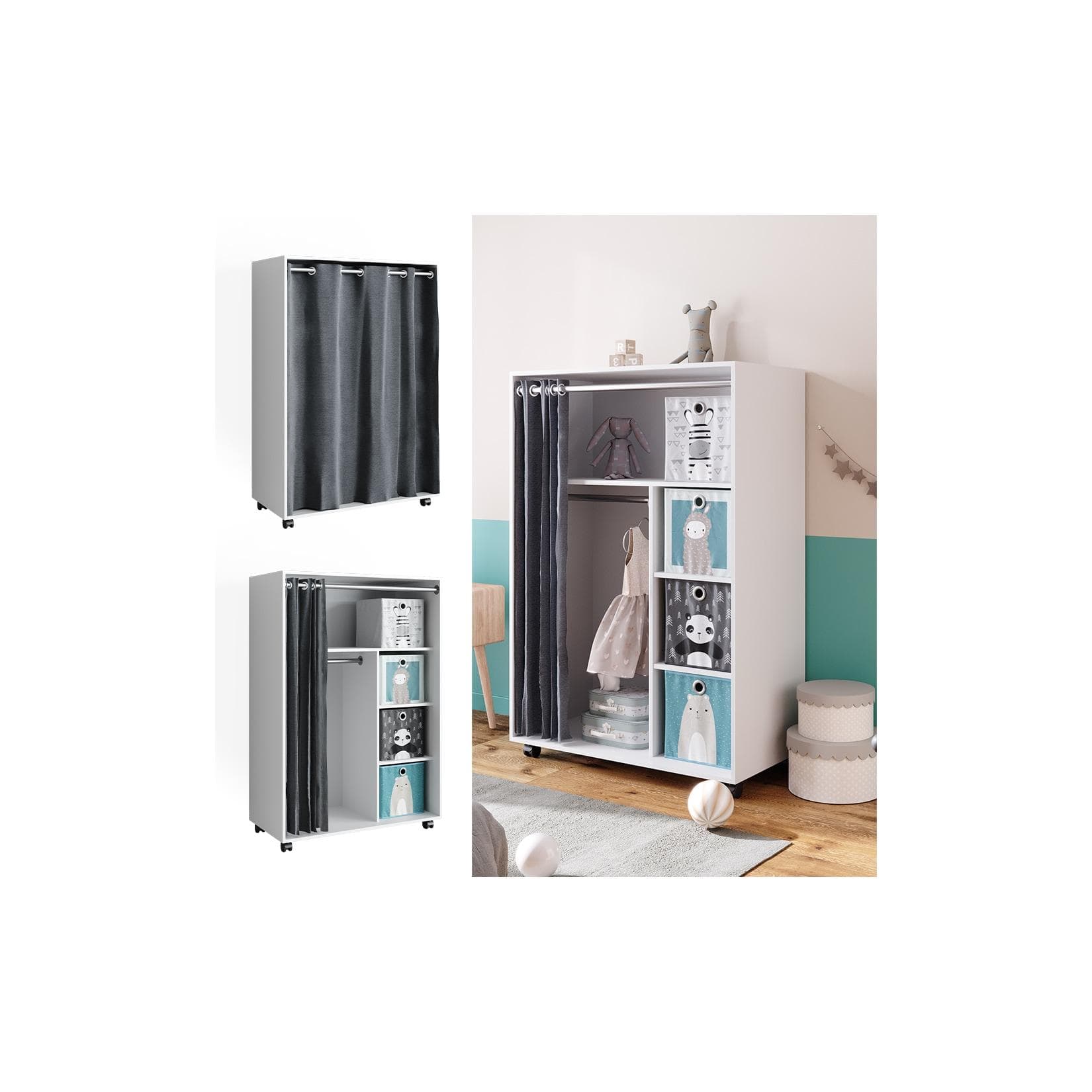 Vicco Kleiderschrank Doros Weiß Modern Rollbar mit Faltboxen