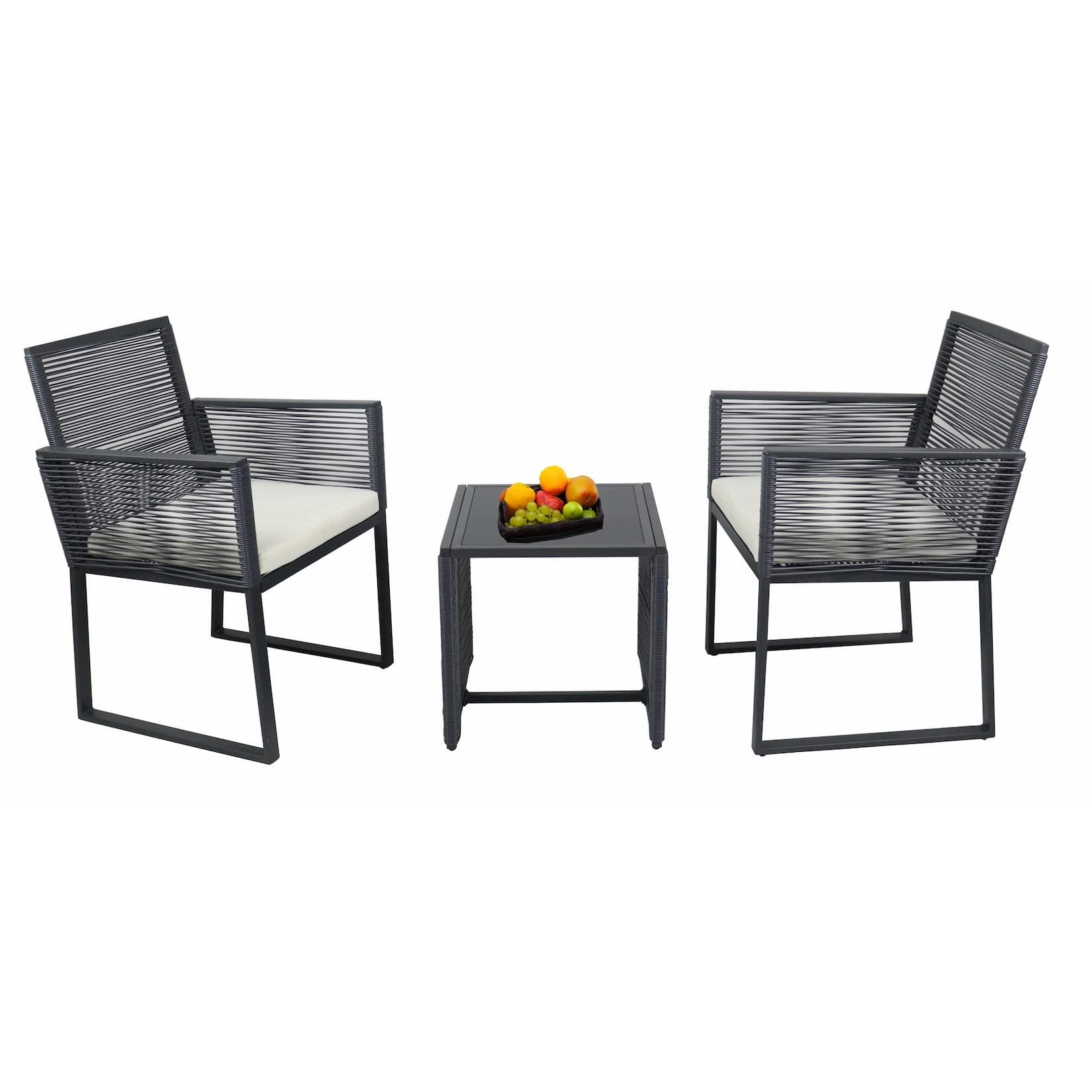 VCM 3-teiliges Gartenmöbel Set mit Kissen & Schwarzglas Tisch
