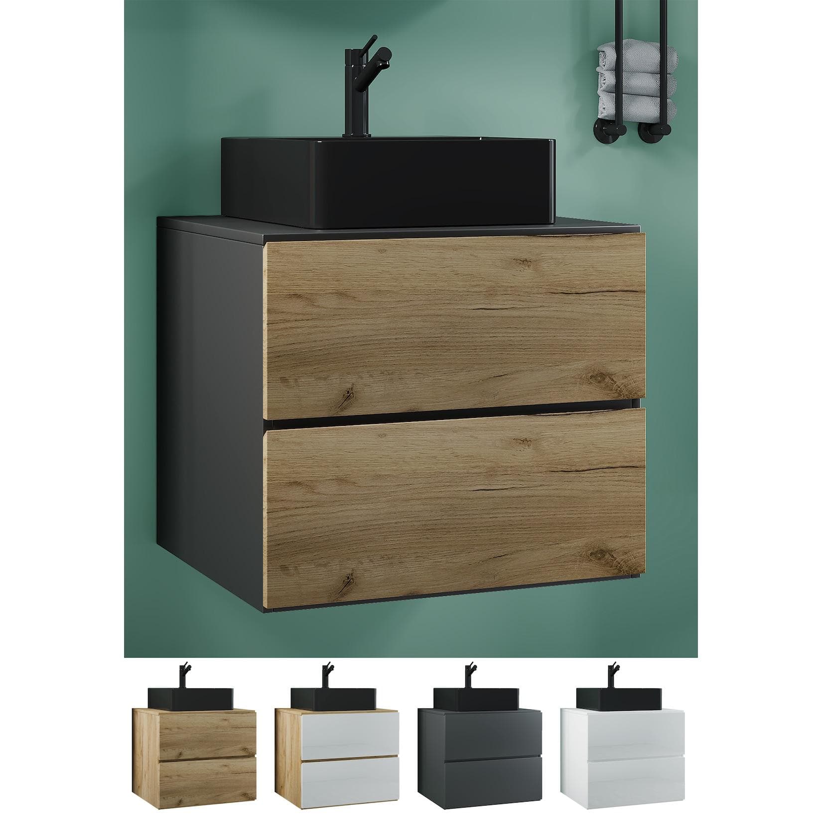 VCM Waschplatz Waschtisch Set mit schwarzem Waschbecken und Unterschrank