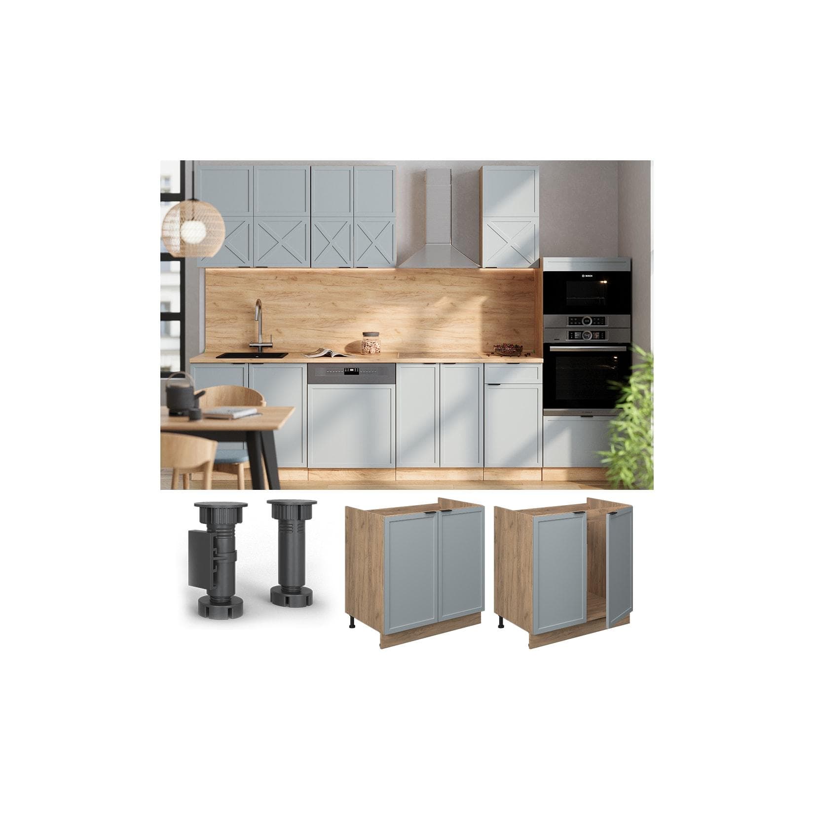 Vicco Spülenunterschrank Fame-Line Eiche Hellblau-Grau Gerahmt 80 cm
