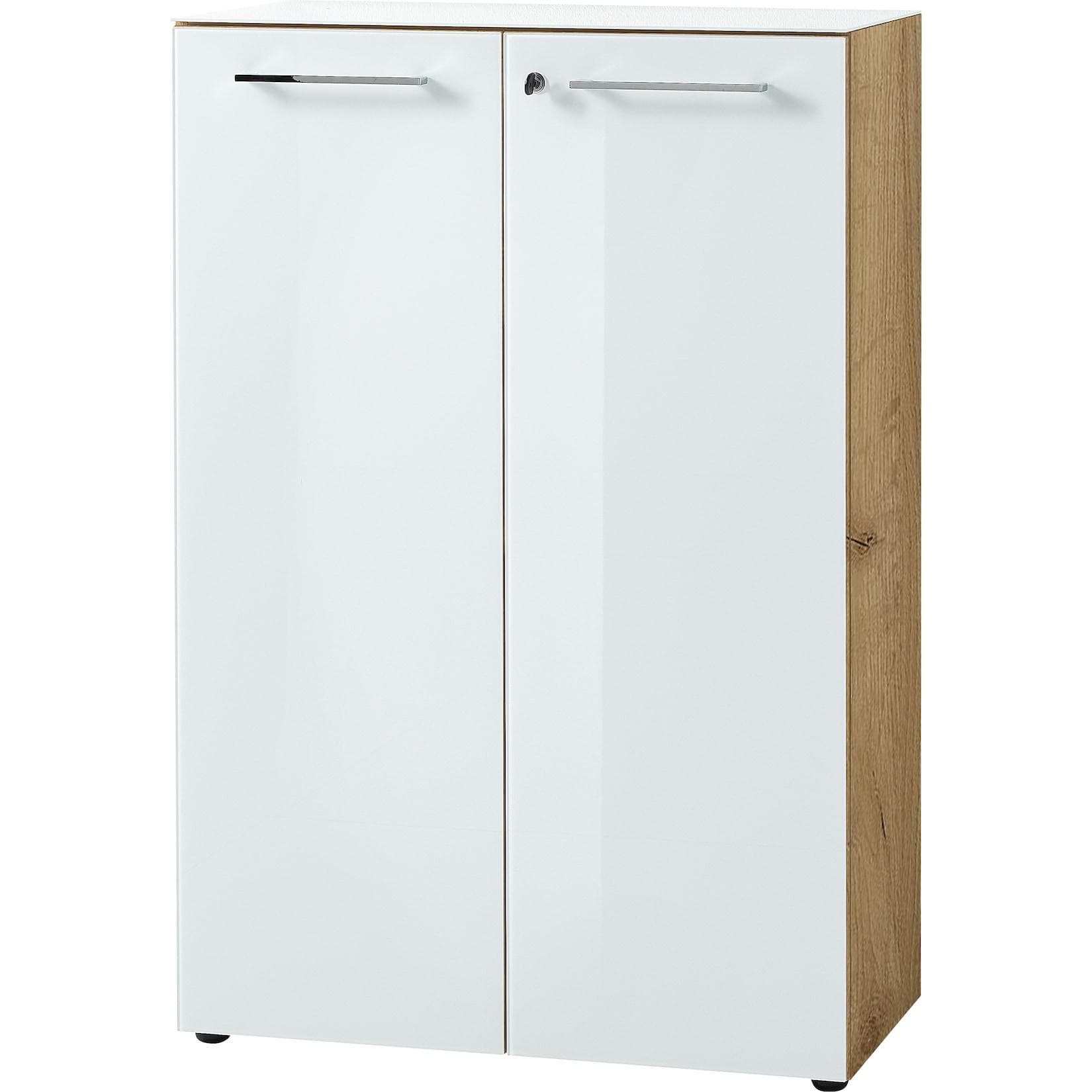 Aktenschrank Abschließbar 120 cm Glasfront ESG Soft-Close Büroschrank Chalet-Eiche-Nb./Weiß