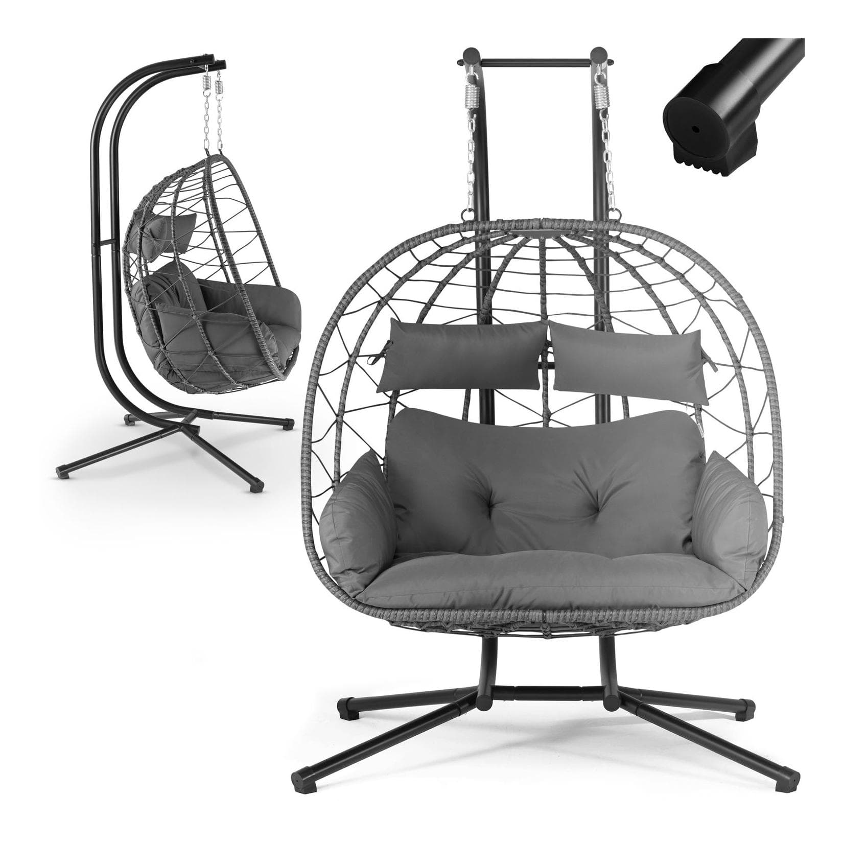 Juskys Doppelhängesessel Aria Grau Polyrattan mit Gestell & Kissen