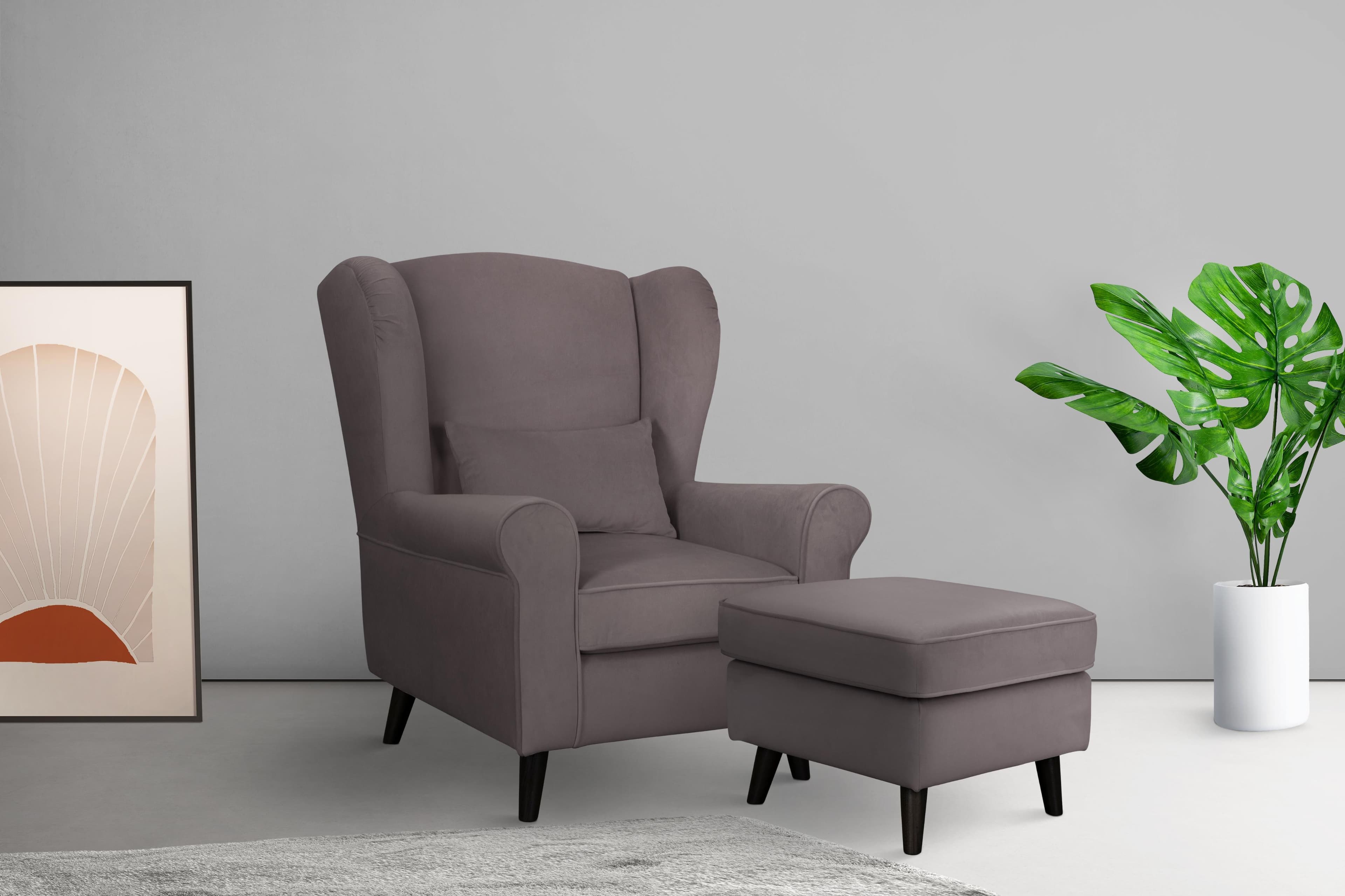 Home Affaire Ohrensessel CHISTELLE Taupe mit Hocker Samtoptik