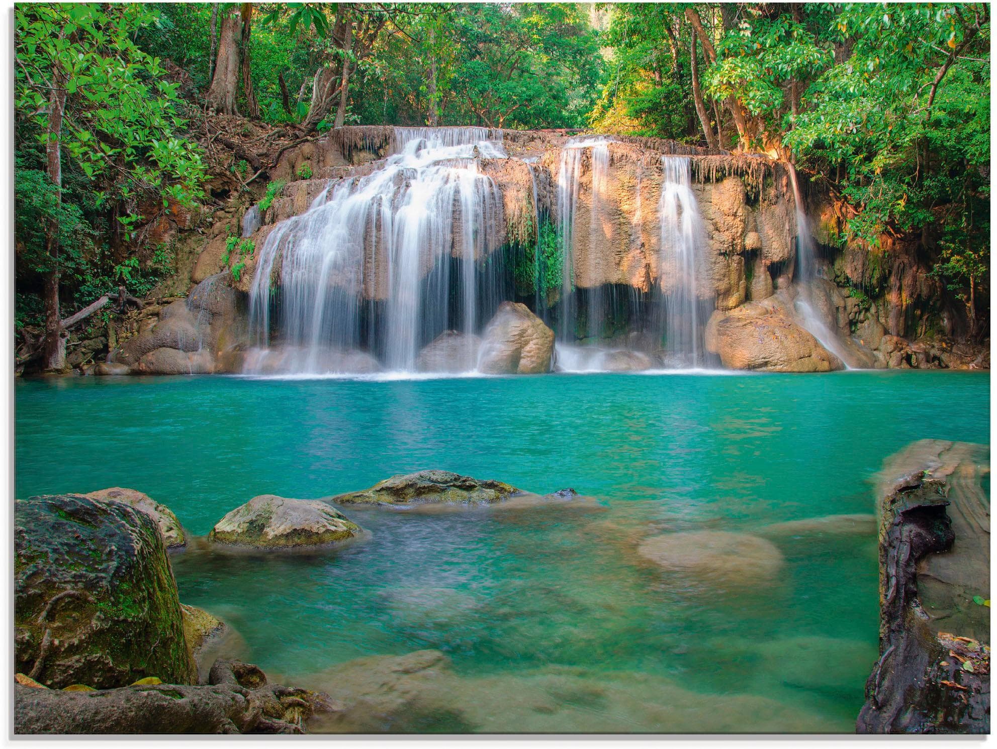 ARTLAND Glasbild Wasserfall im Wald National Park Grün