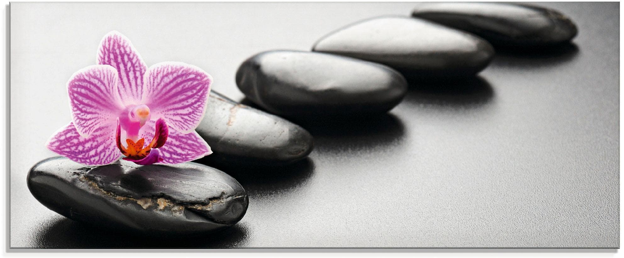 ARTLAND Glasbild Spa-Konzept mit Zen Steinen und Orchidee Grau