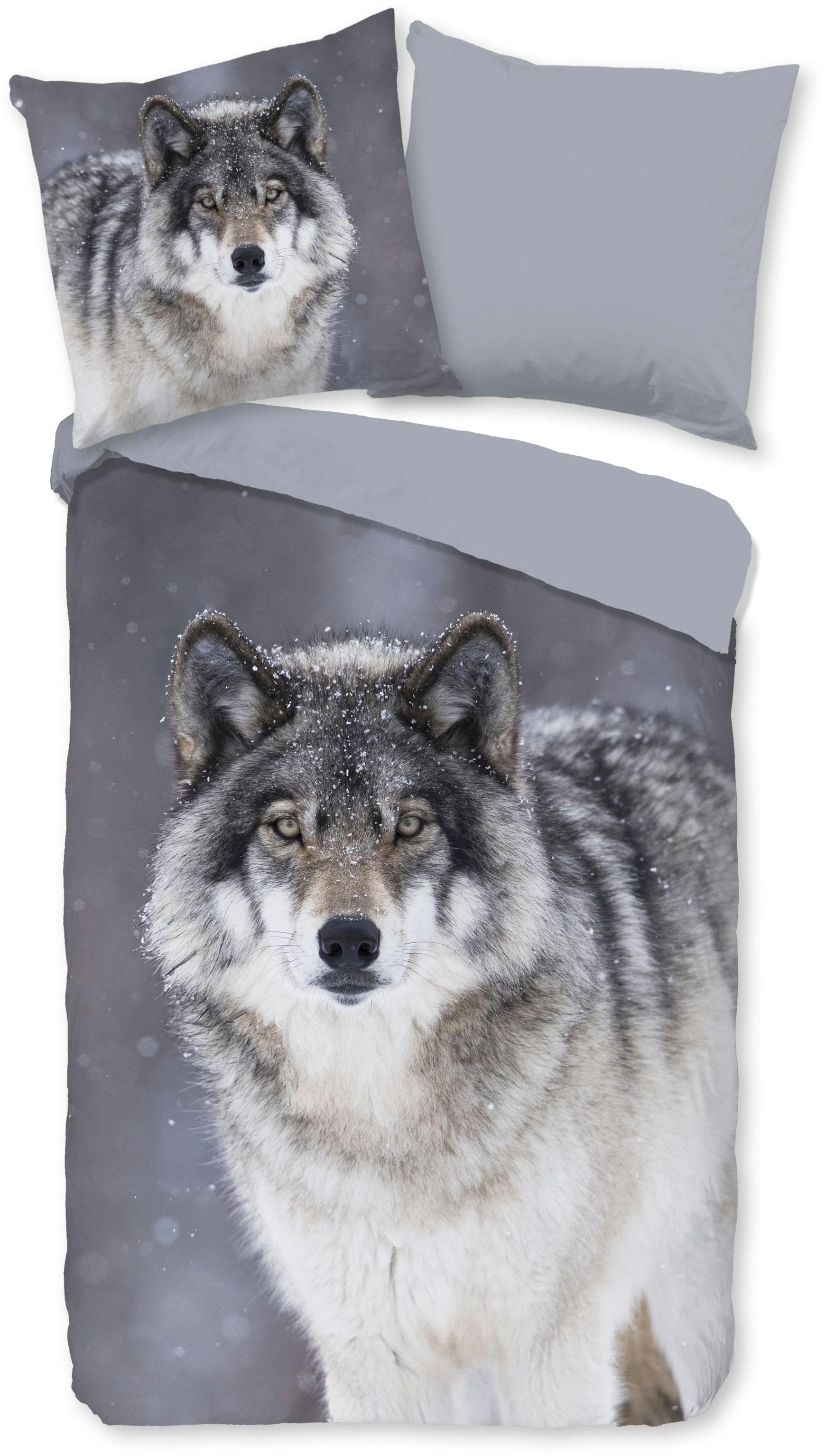 Wendebettwäsche GOOD MORNING Wolfie Grau Flanell 3-tlg.