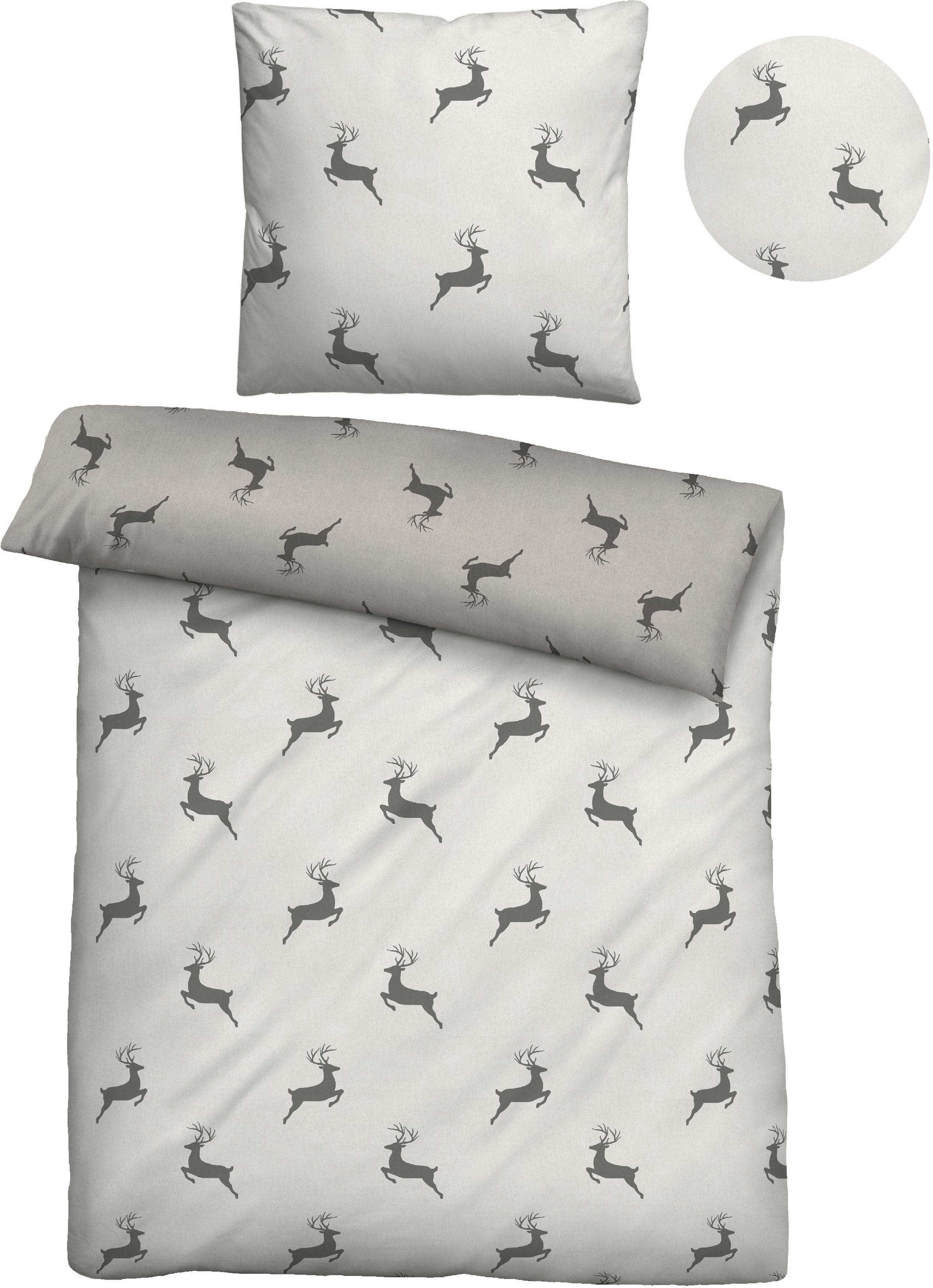 Biberna Wendebettwäsche Cardo Beige Flanell Hirsch-Motiv