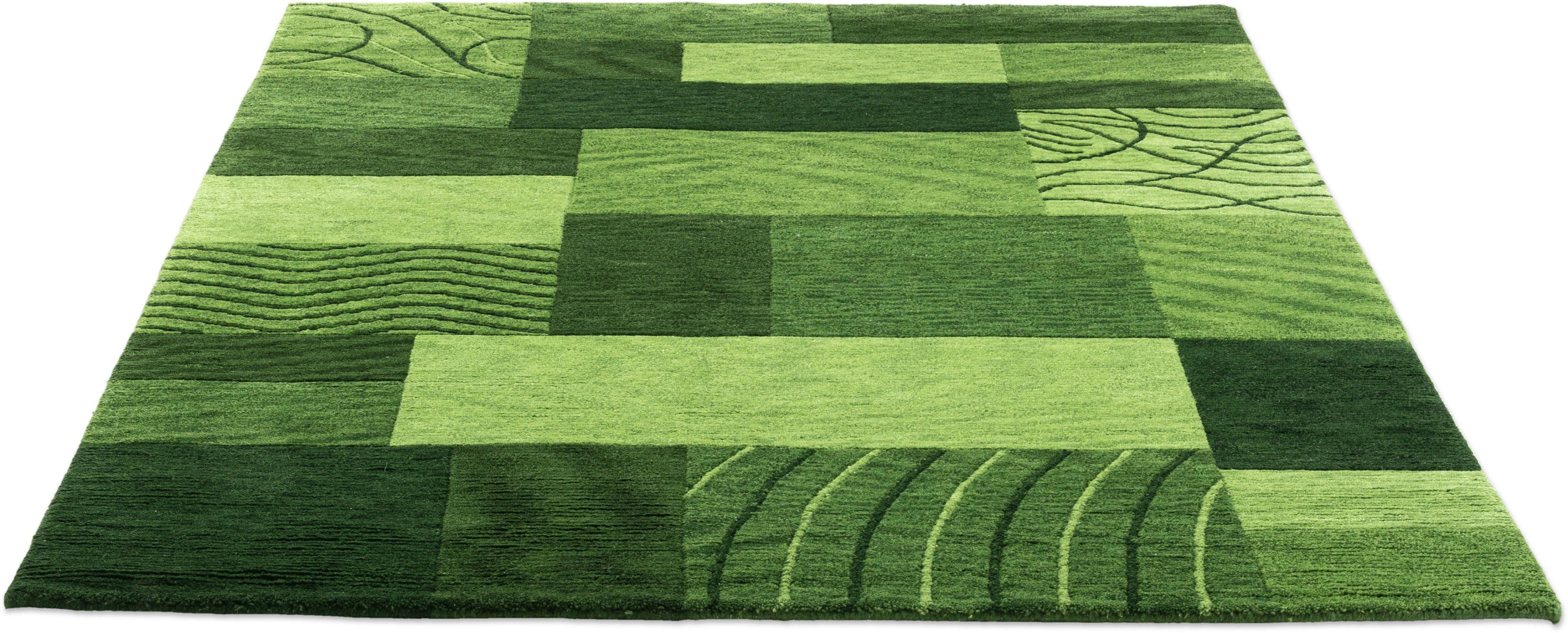 THEKO Wollteppich Domas 4028 Grün Handgeknüpft Patchwork