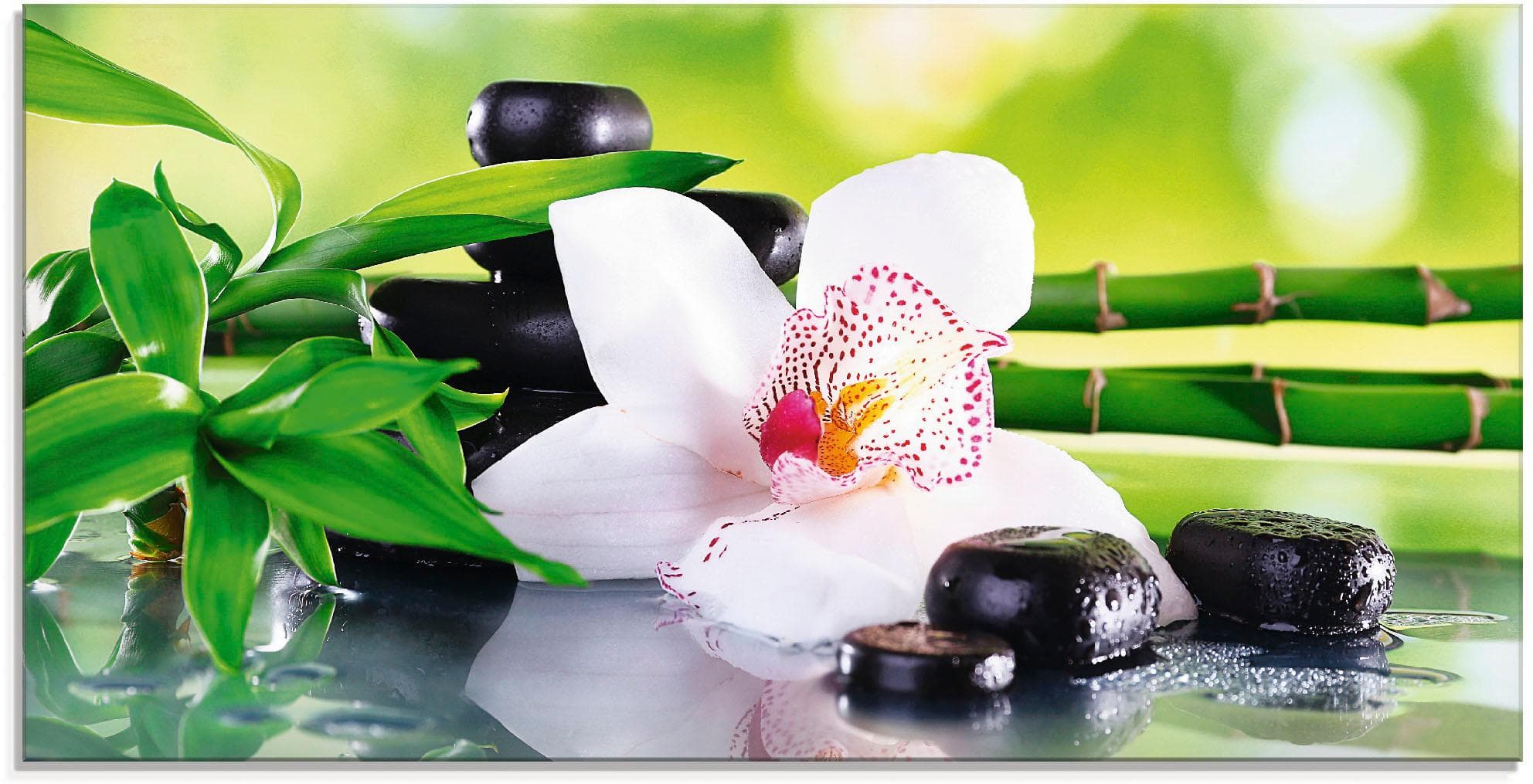 ARTLAND Glasbild Zen Spa Steine Bambus Orchidee Grün