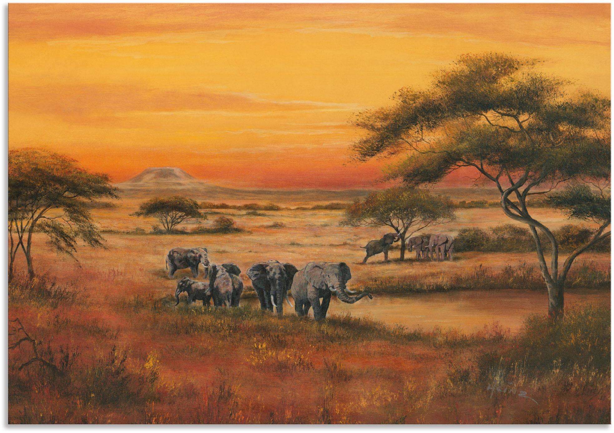 Artland Wandbild Afrika Elefanten Orange