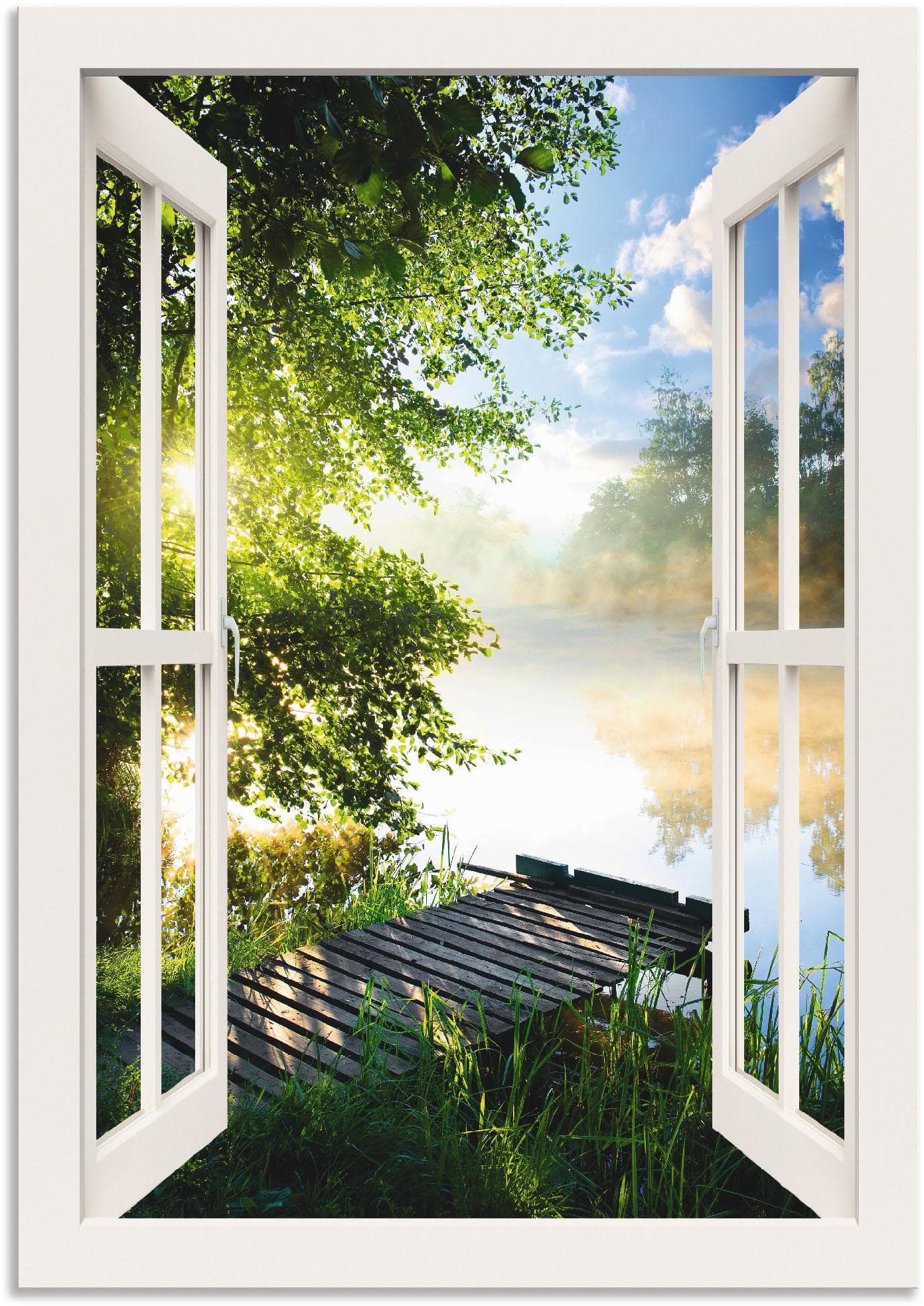ARTLAND Wandbild Fensterblick Angelsteg am Fluss Weiß