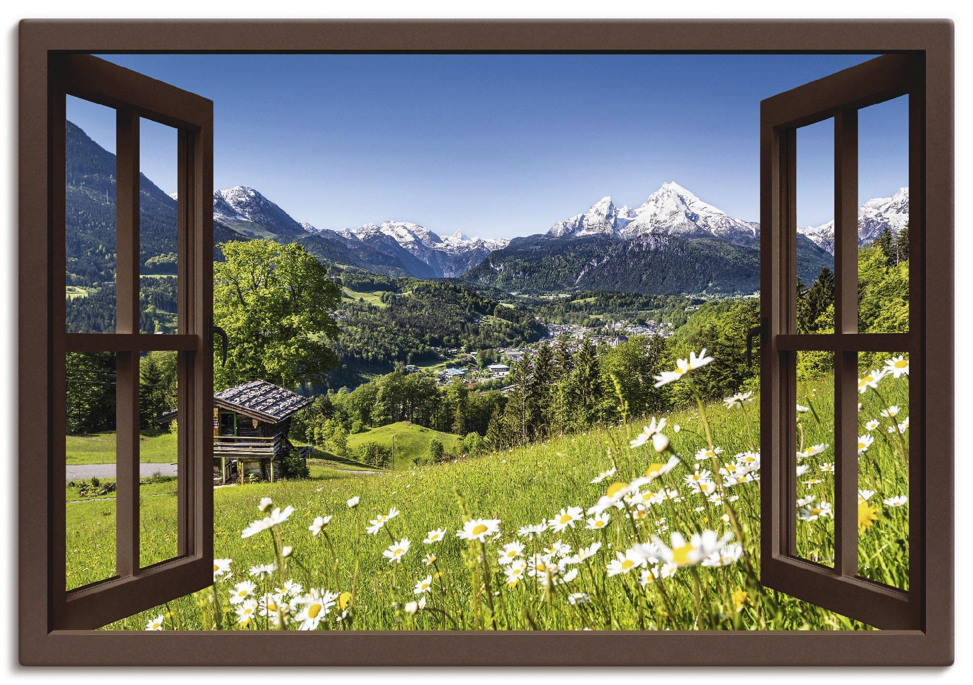 ARTLAND Wandbild Fensterblick Bayerischen Alpen Braun Leinwand 130x90cm