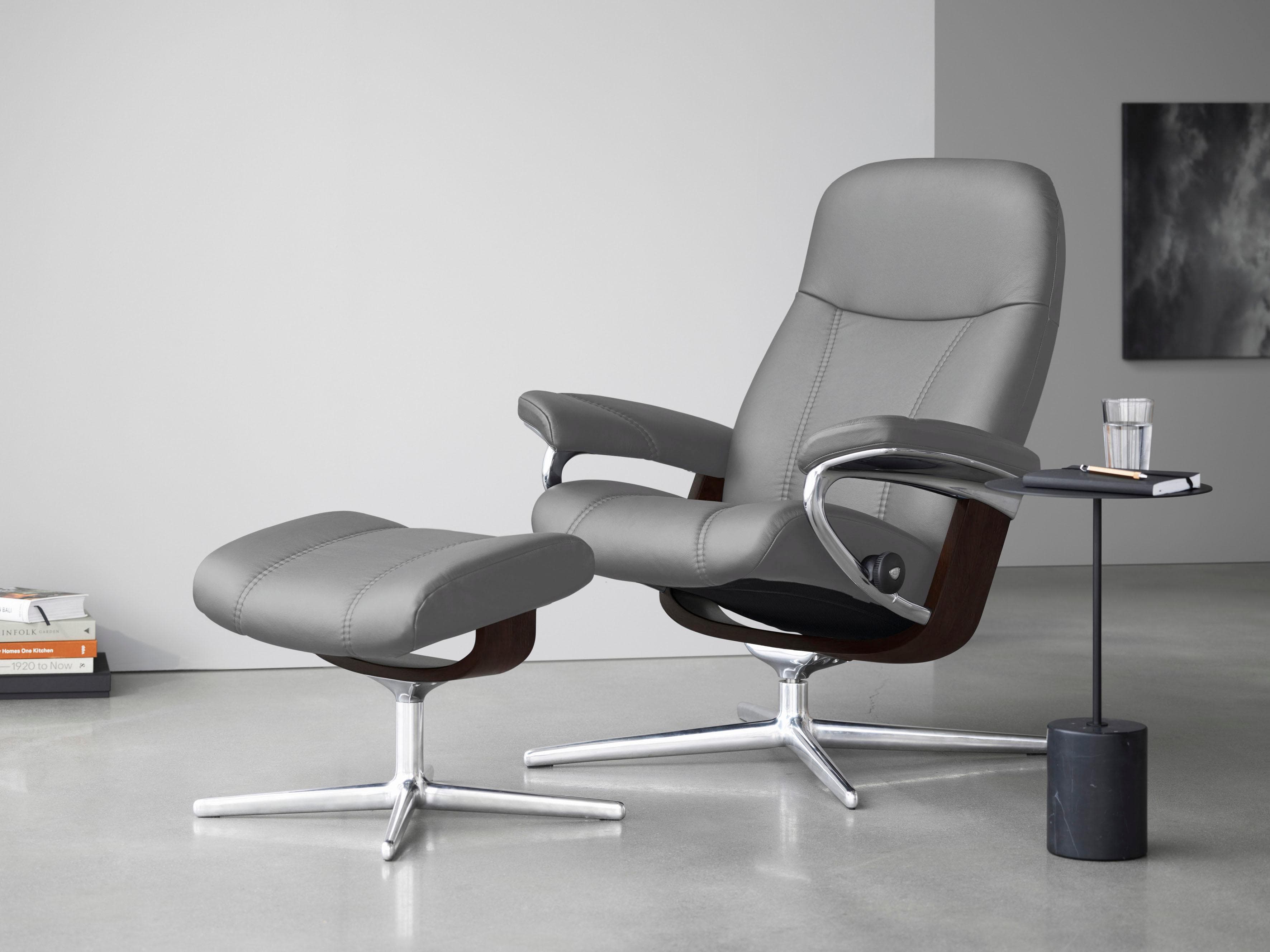 STRESSLESS Consul Relaxsessel Grau Leder BATICK mit Hocker Cross Base