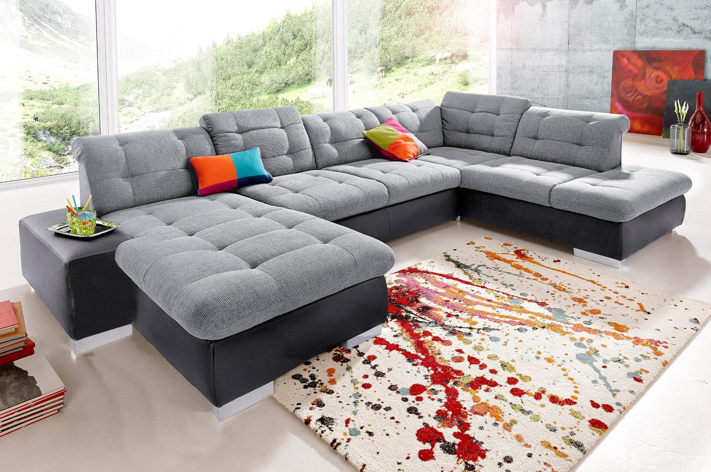 SIT & MORE Wohnlandschaft Palomino U-Form Grau Schwarz mit Bettfunktion