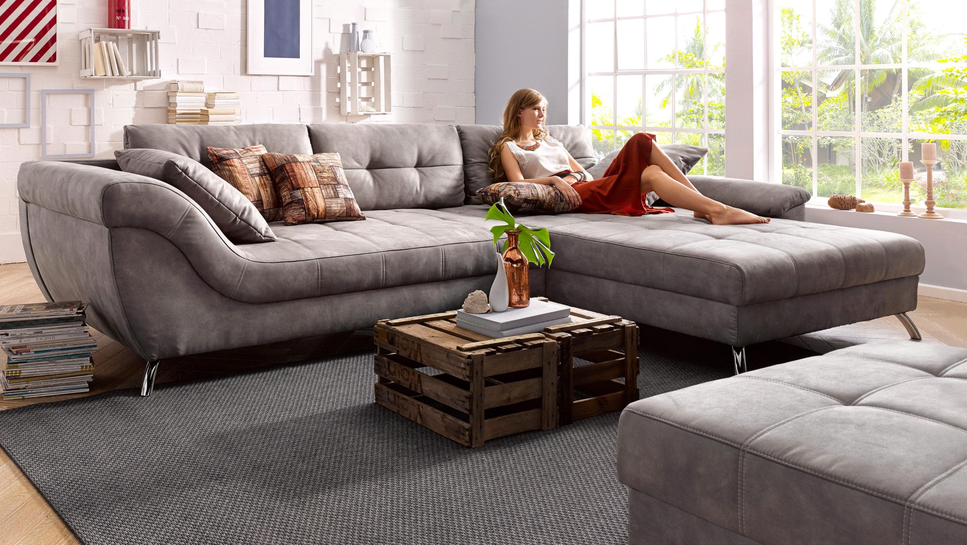Ecksofa San Francisco L-Form Braun Luxus-Microfaser mit 9 Kissen