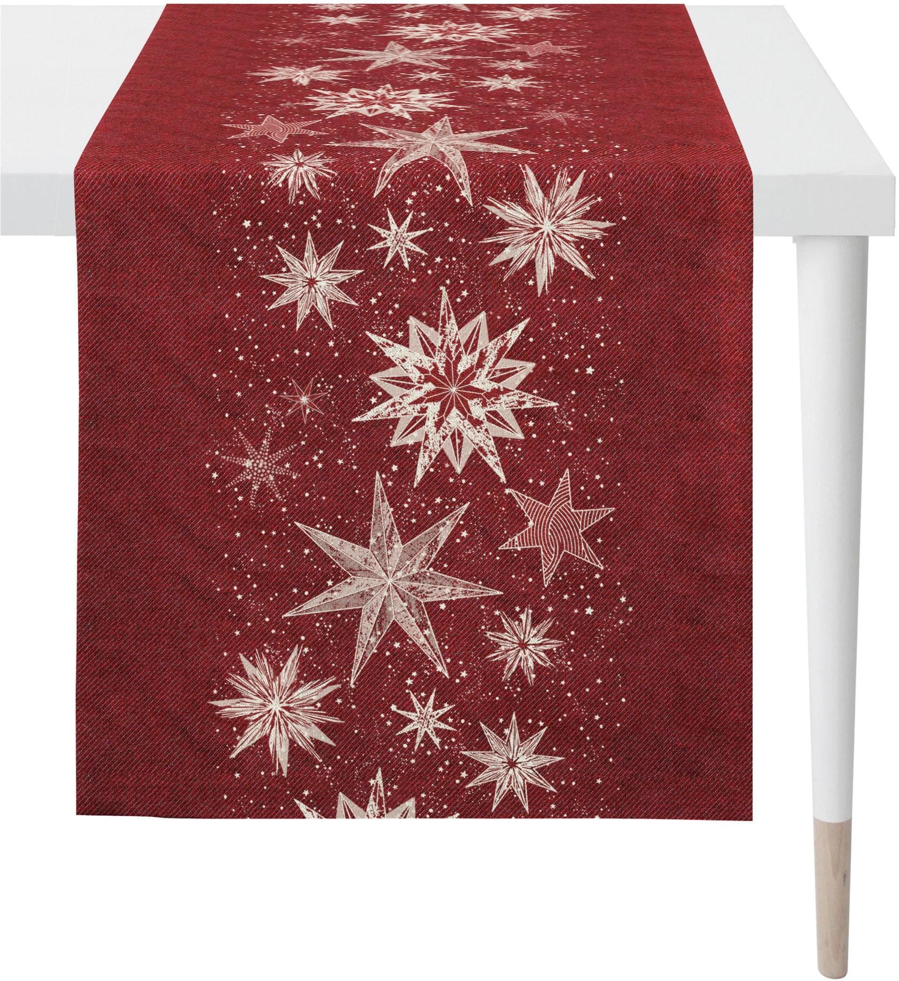 APELT Tischläufer 5843 Rot Gold Jacquard Sternenmotiv