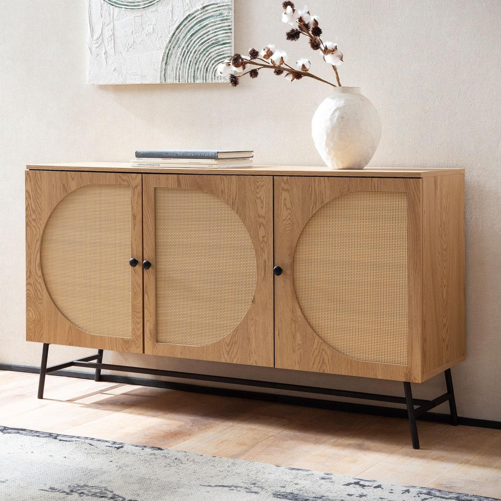 FINEBUY Sideboard 140cm Eiche Dekor mit Rattangeflecht