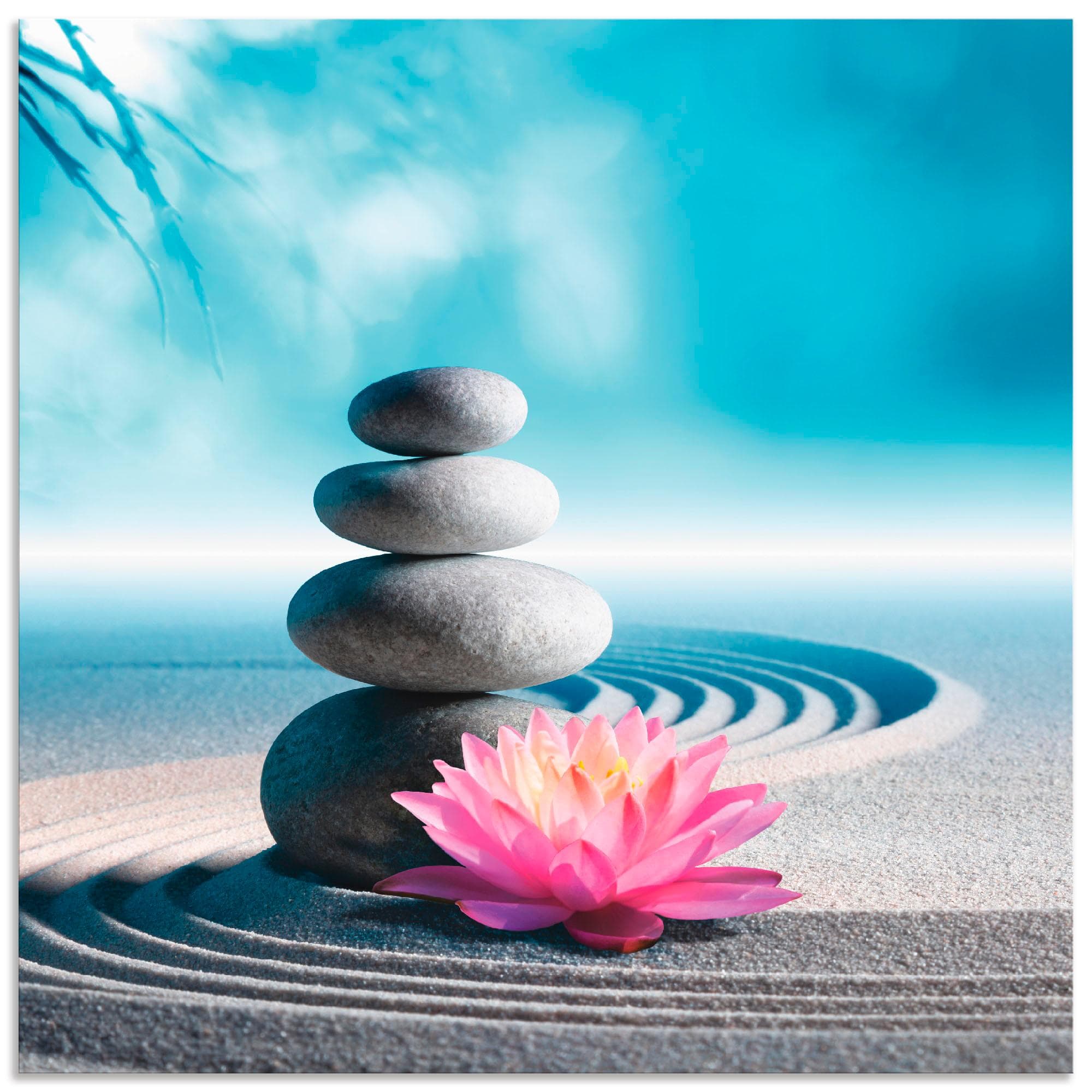 Leinwandbild ARTLAND Sand, Lilie und Spa-Steine in Zen-Garten Blau