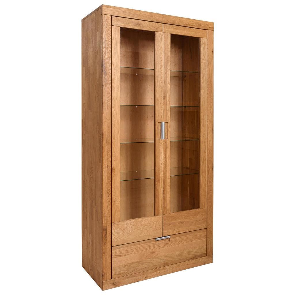 Carryhome Vitrine Wildeiche Glas massiv 4 Fächer 1 Schublade
