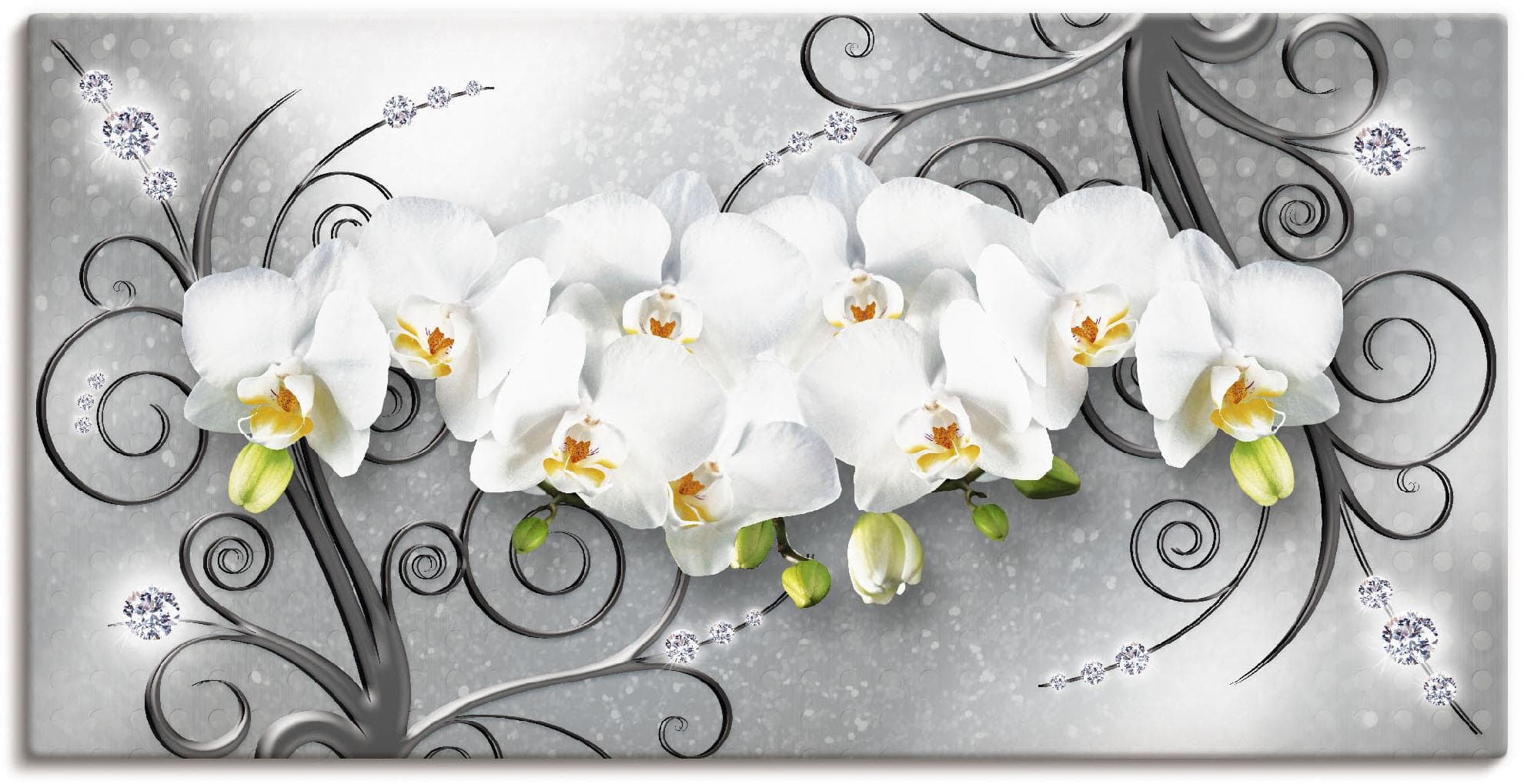 Wandbild ARTLAND Weiße Orchideen auf Ornamenten Grau