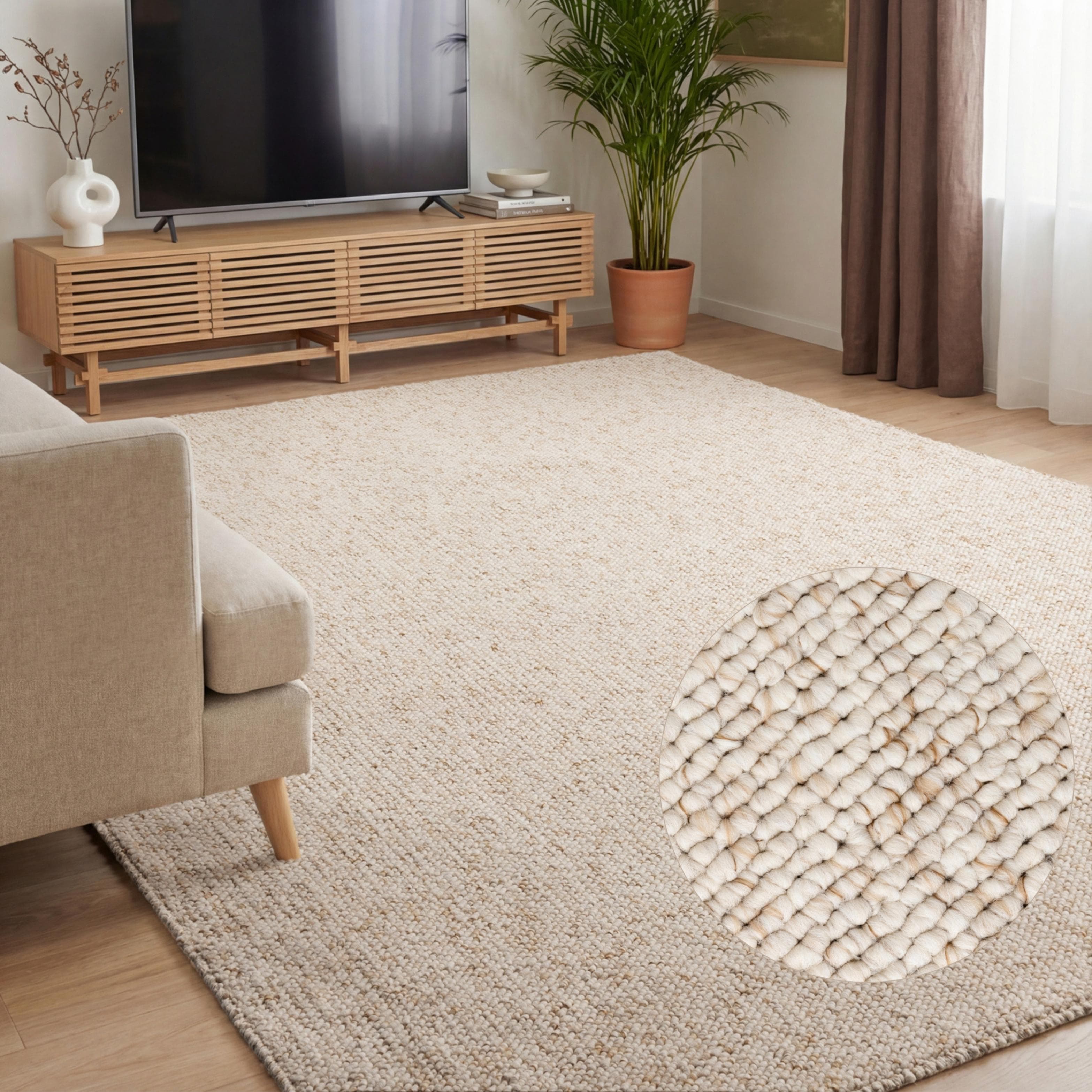 Teppich ELLE DECORATION Rocco Creme Woll-Optik Waschbar