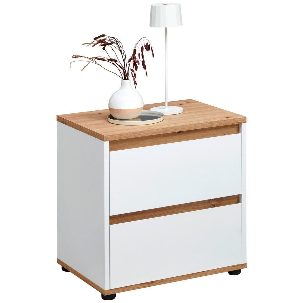 Carryhome Nachtschrank Weiß Eiche Artisan 2 Schubladen 50x50x38 cm
