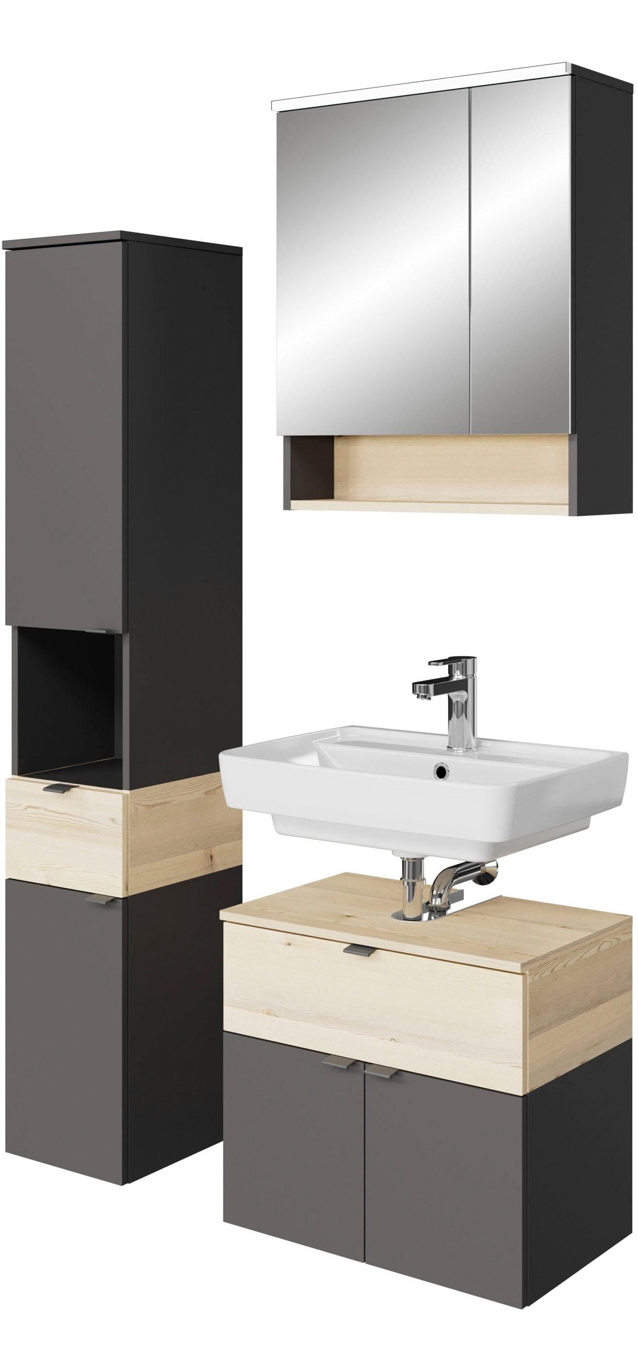Badmöbel-Set SAPHIR Grau 3-teilig mit Soft-Close und LED