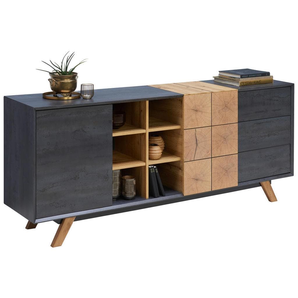 Carryhome Sideboard Eiche Dunkelgrau 3 Fächer 3 Schubladen