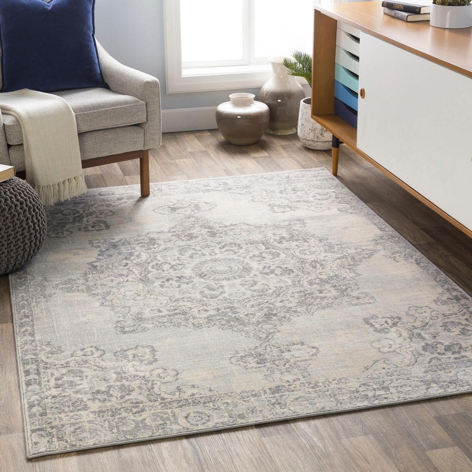 Grauer Boho-Vintage-Orient-Teppich aus Kunstfaser