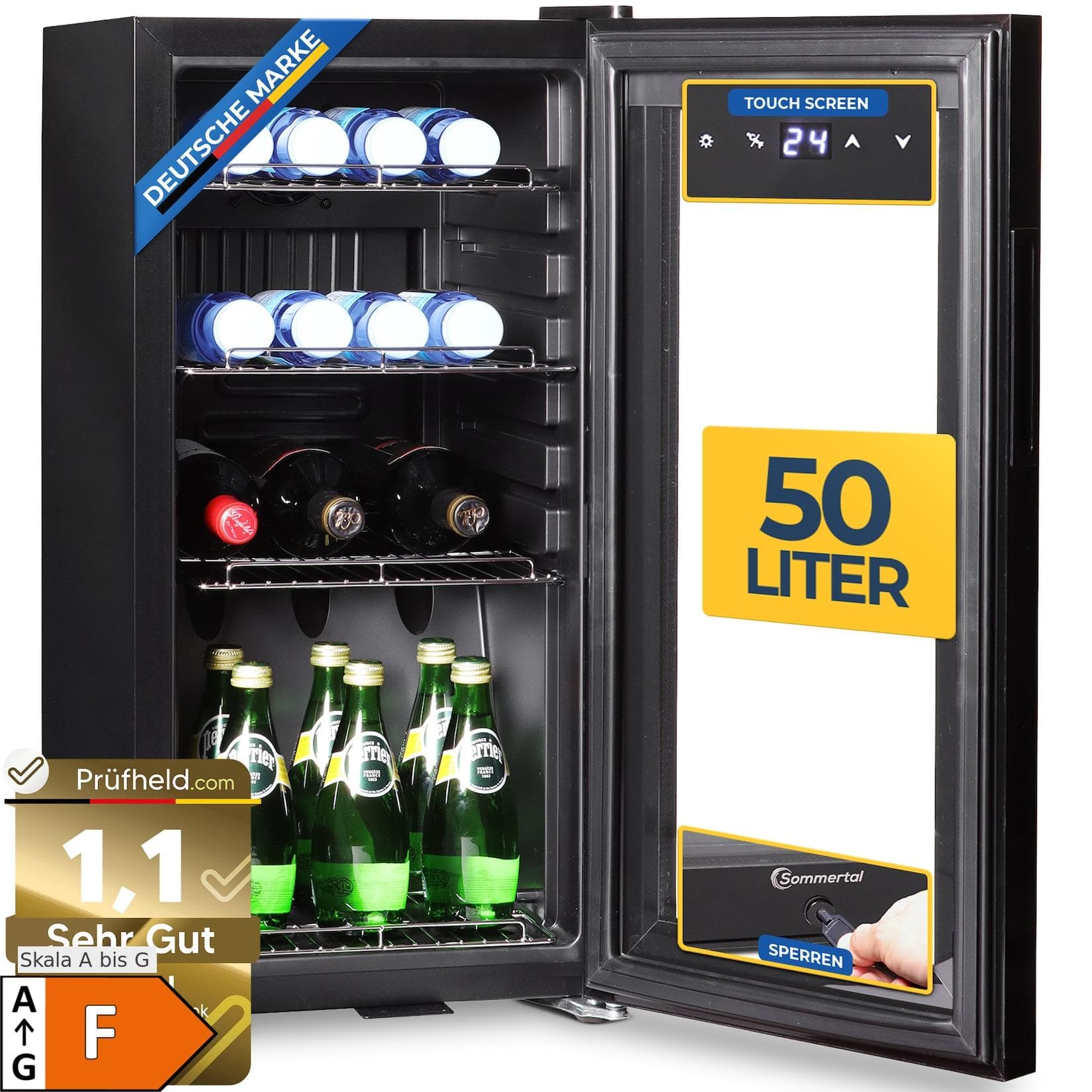Sommertal Kühlschrank GK 50 Schwarz mit Touchscreen & LED
