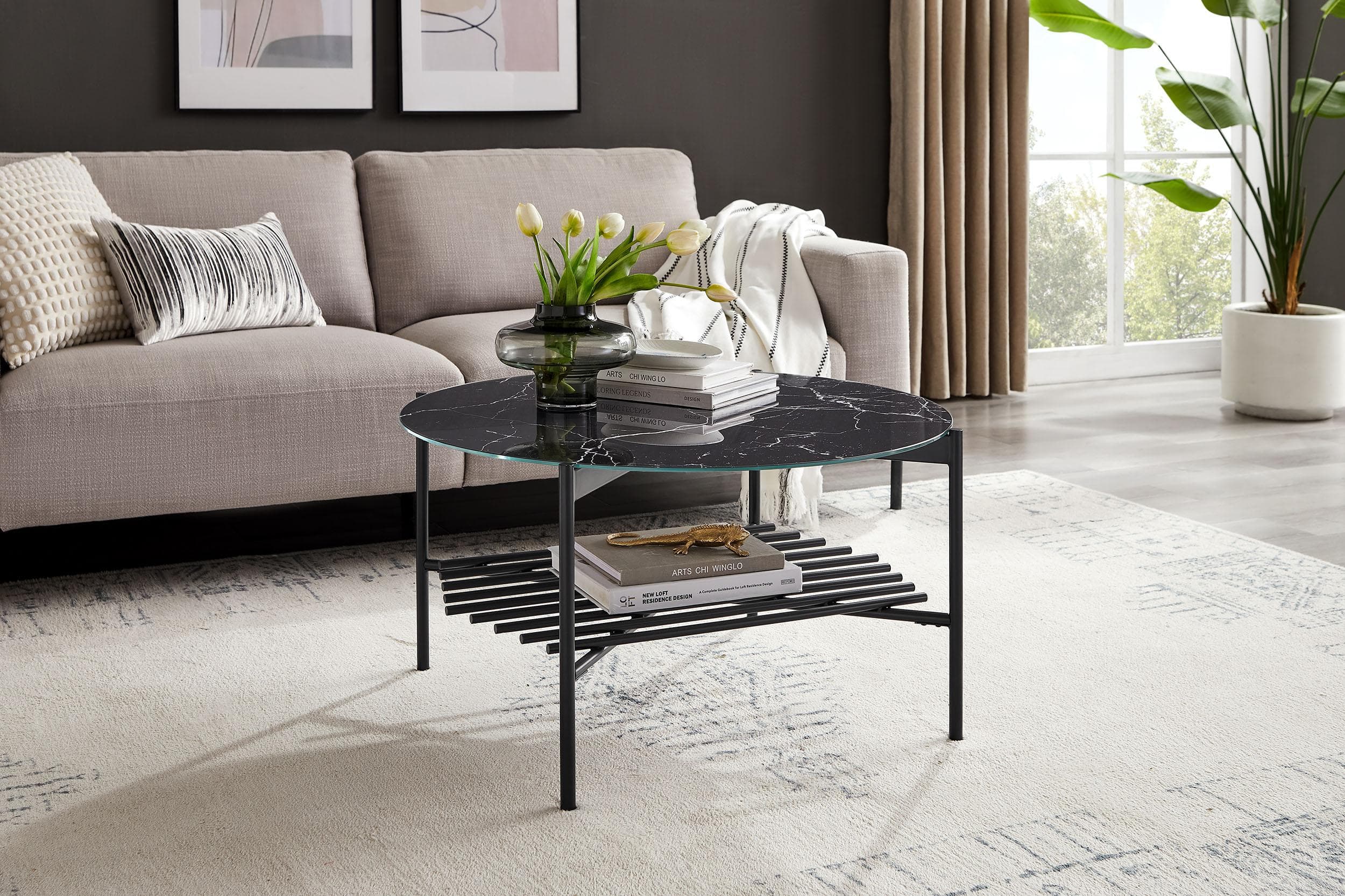 Couchtisch SALESFEVER 'Coffeetable Wohnzimmertisch im minimalistischen Stil' Schwarz Glasplatte in Marmoroptik
